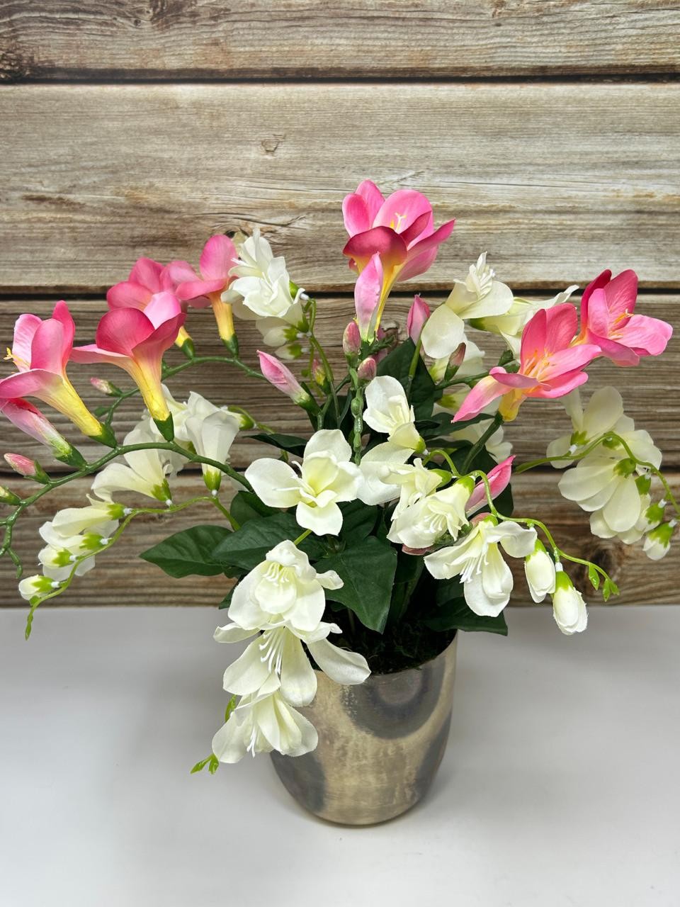 15″ Silk White & Pink FREESIA flowers in 5″ rustic Silver Metal Pot, handmade or