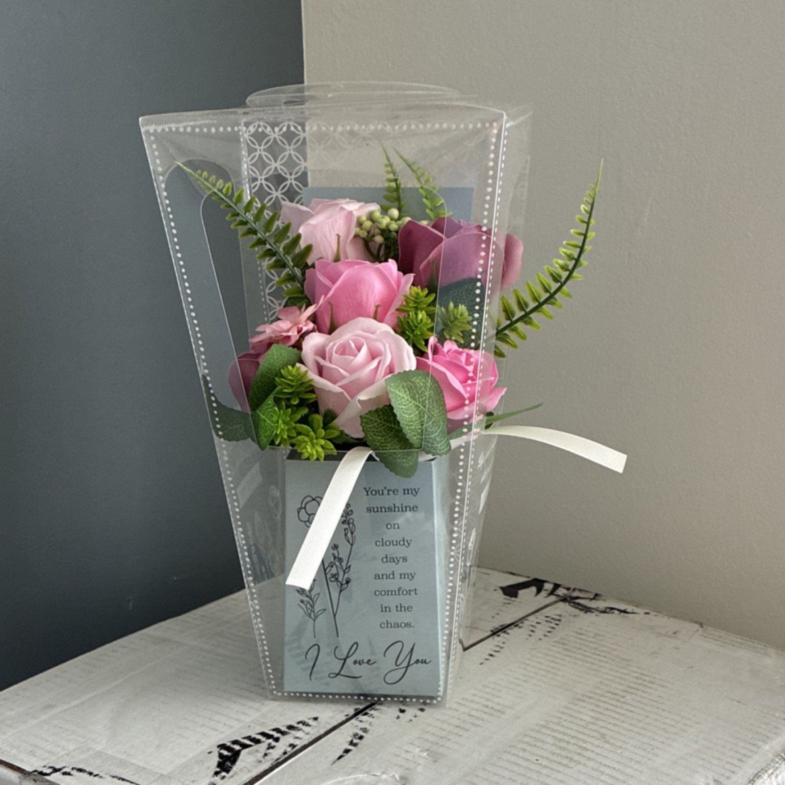 Artificial Rose Flower Box Pink Green Silk Centerpiece in Gift Box