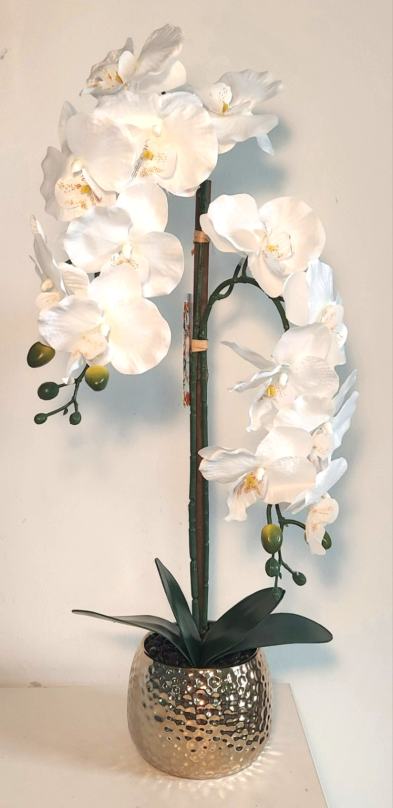 Potted Artificial Large Artificial Silk Orchid Flower Plant In Gold Pot, 23″ H