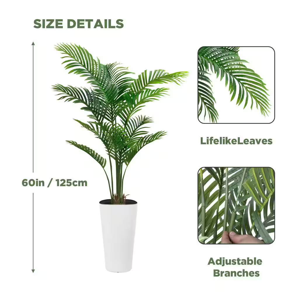 5 Ft Artificial Palm Tree White Pot with Real Bark Design Faux Areca Palm Tree f