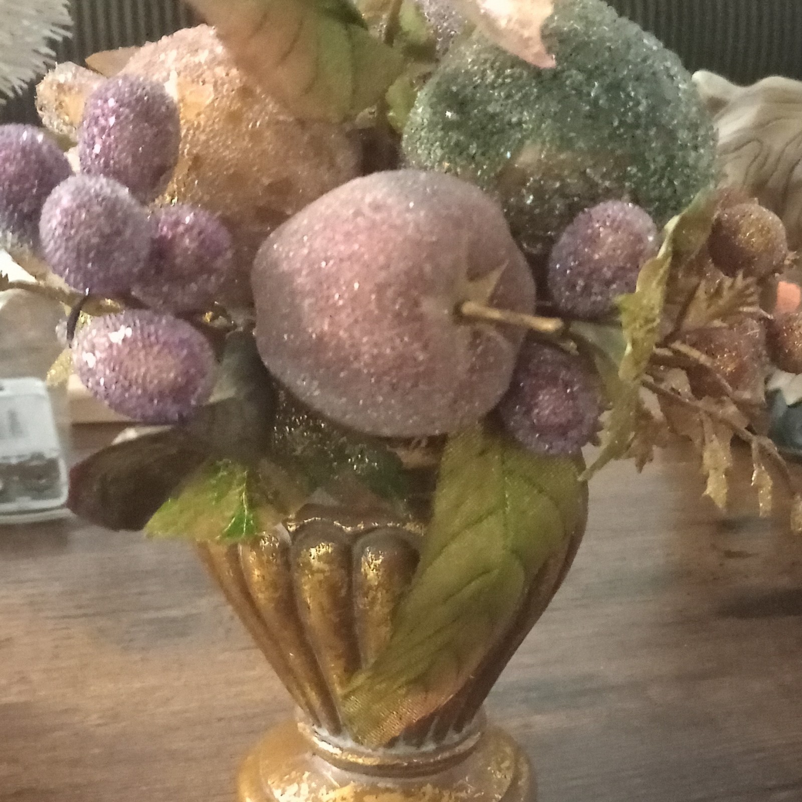 Artificial Floral Centerpiece Arrangement, Gold Urn Vase with Purple Berries