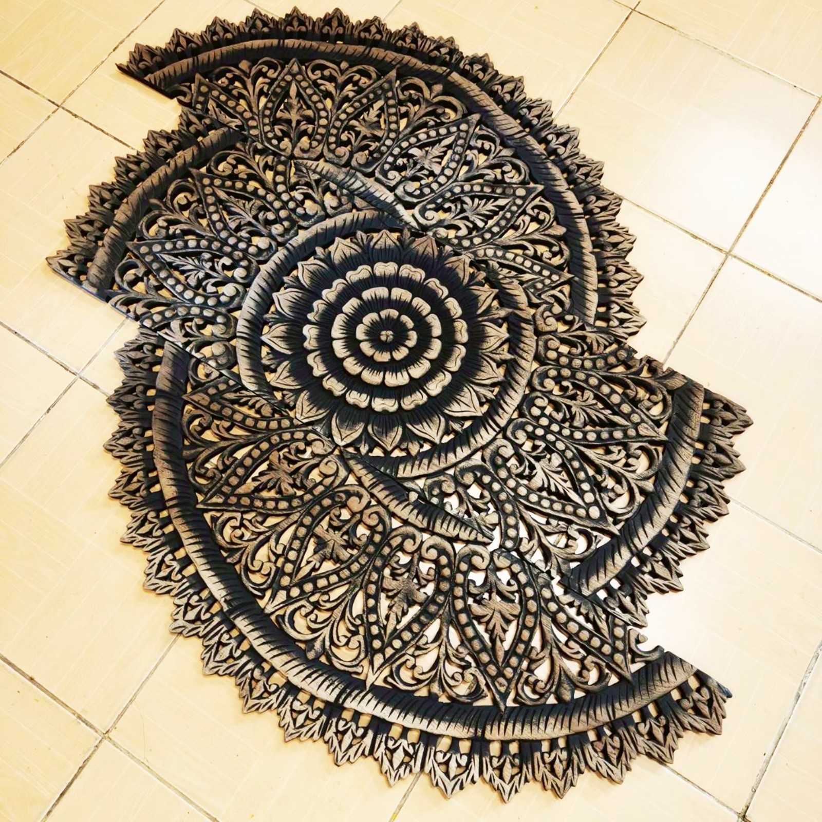 36″ Large Round Black Mandala Wood Carving Wall Art 3-Piece Set Office Decor