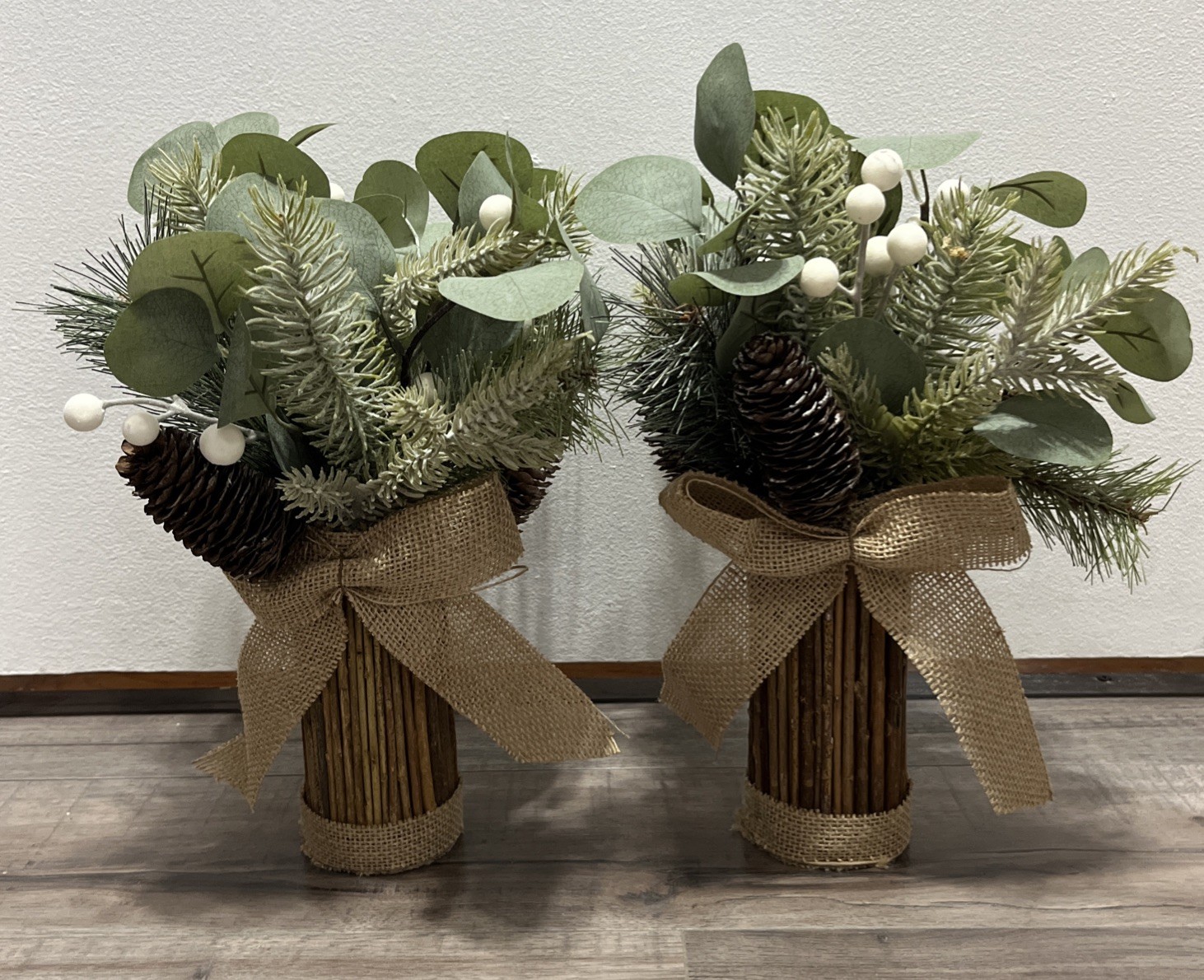 2 – 12” Rustic Greenery Arrangements Pine Cones Burlap Wood Base Country Cabin