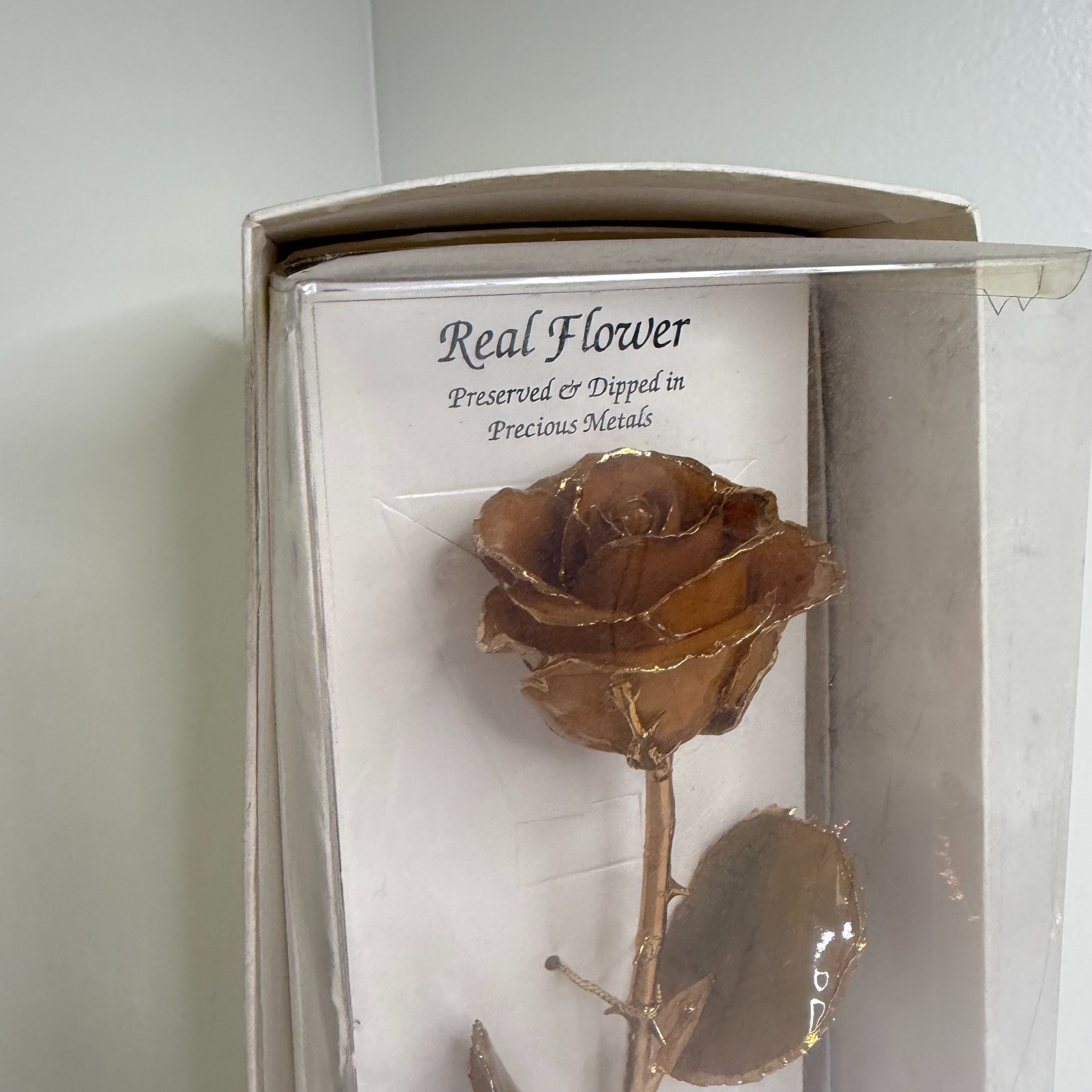 Vintage Real 24K Gold Dipped Rose Preserved Flower w/ Display Case Gift Decor