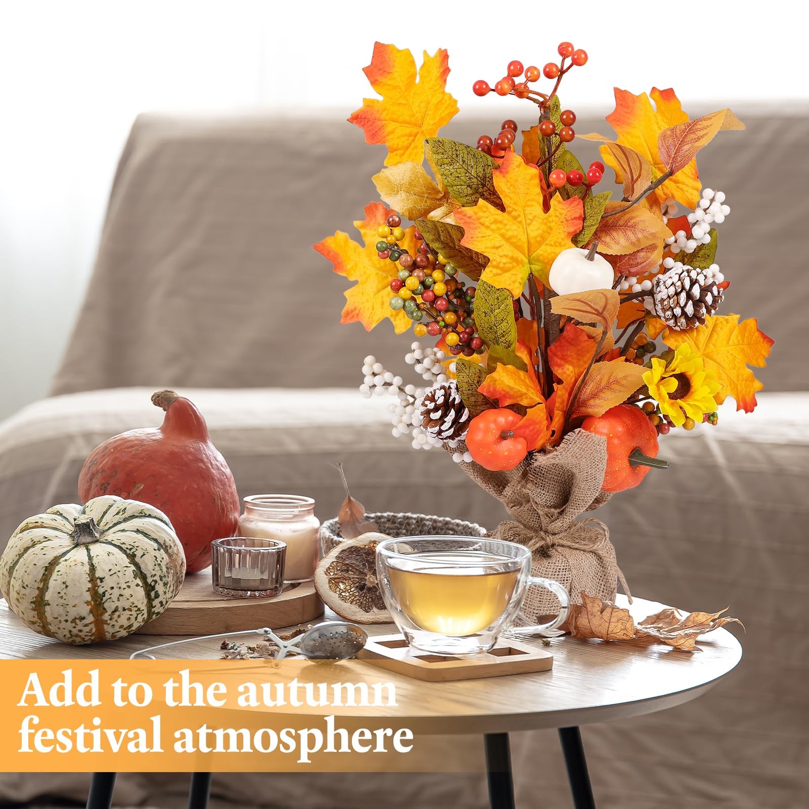 2 PCS Fall Maple Tabletop Tree Decor Pumpkins Pinecones LED Burlap Base Autumn