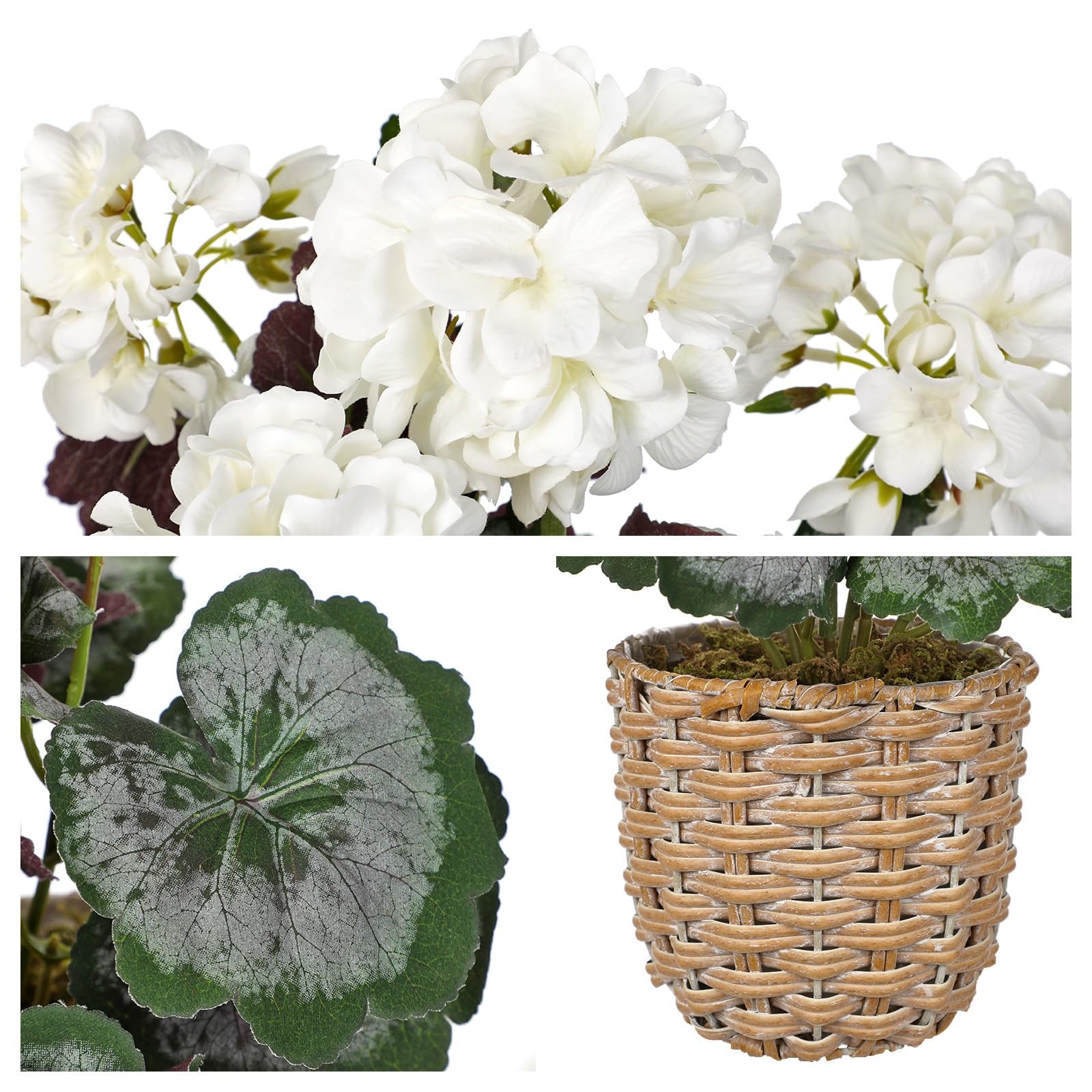 Artificial White Geranium Flowers in Woven Basket, 14.5’’ Tall Silk Flower Ar…