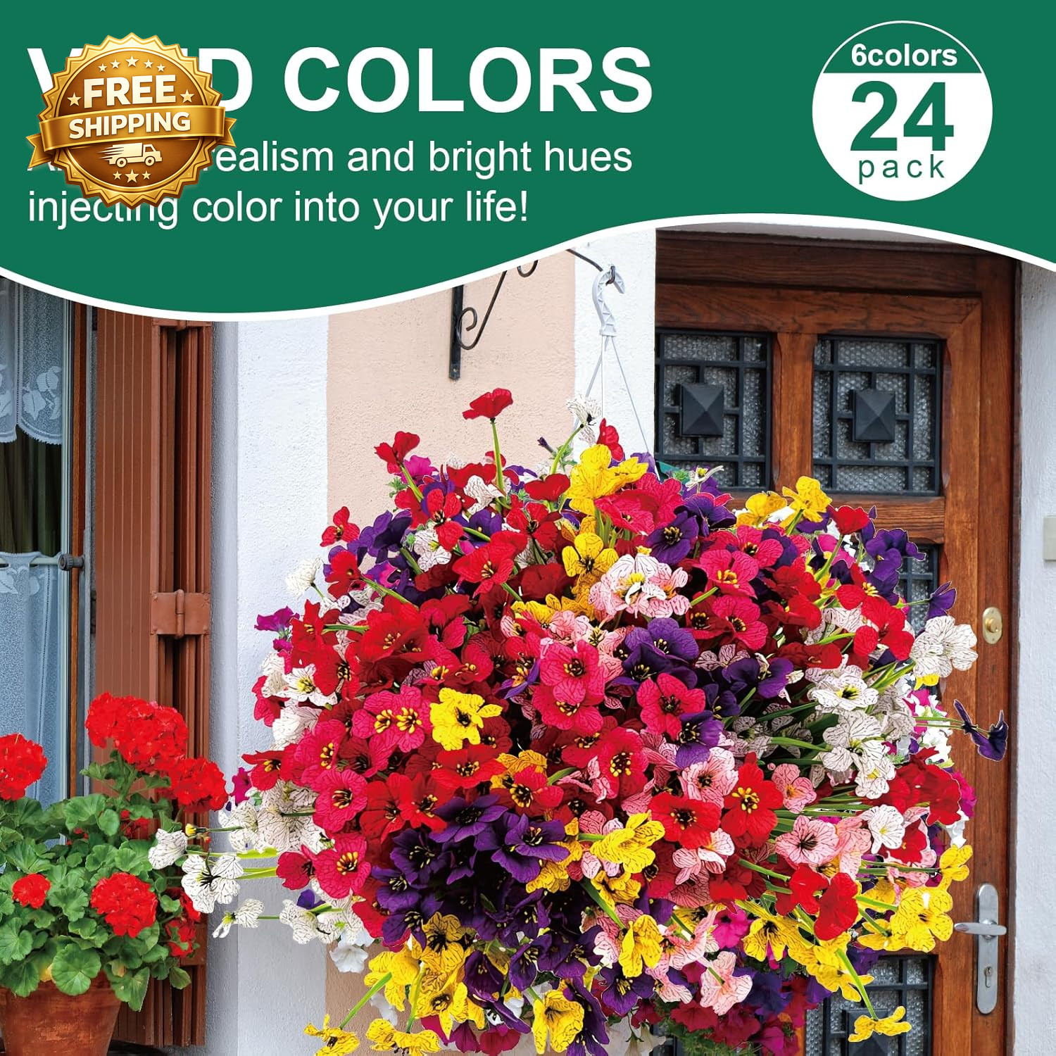 24 Pcs (6 Color) UV Resistant Outdoor Artificial Faux Flowers Plants Realistic P
