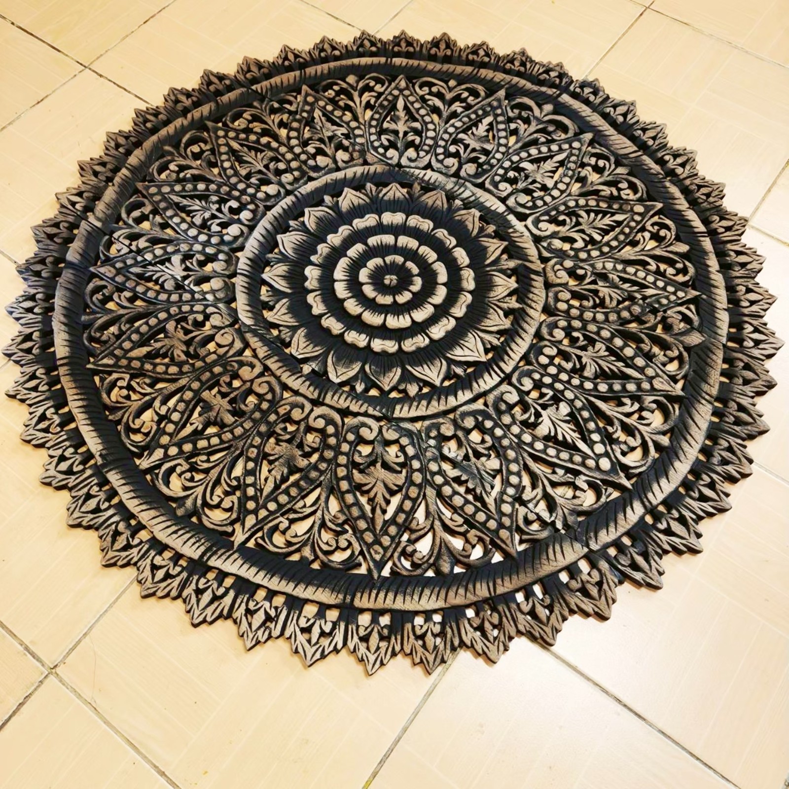 36″ Large Round Black Mandala Wood Carving Wall Art 3-Piece Set Office Decor