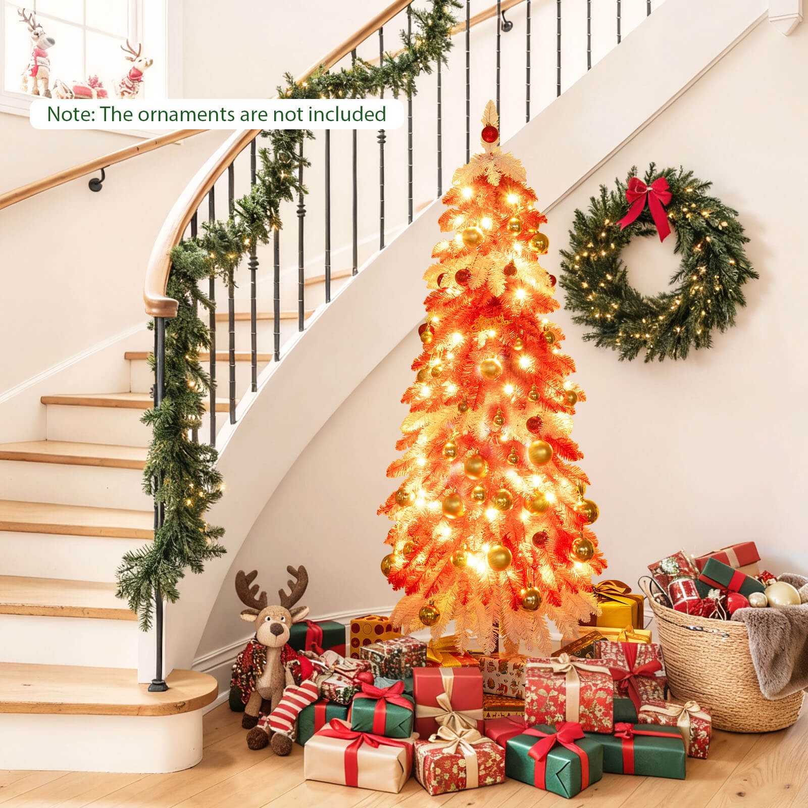5 FT Artificial Christmas Tree Pre-lit Xmas Trees w/ 301 Red & White Branch Tips