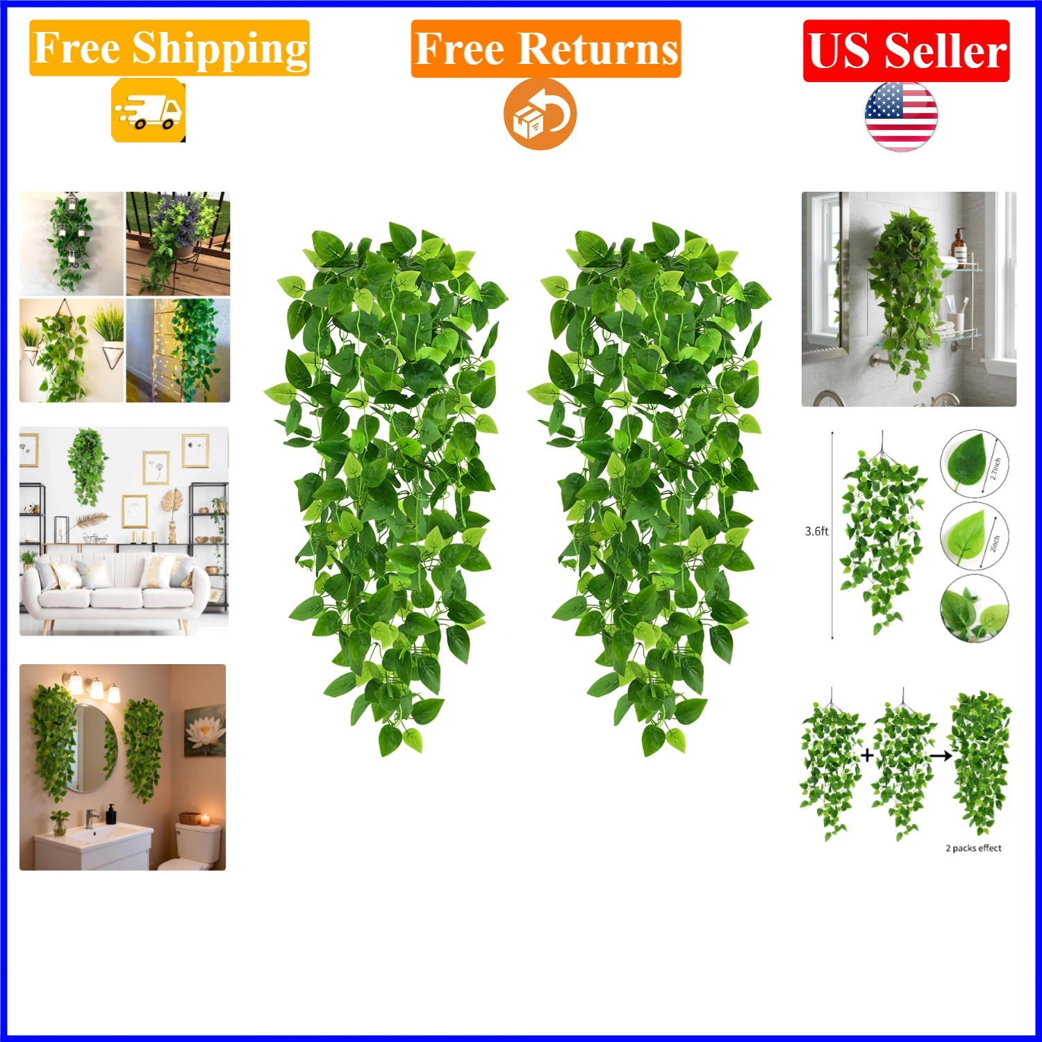 3.6ft Fake Ivy Vines Pack – Indoor & Outdoor Green Hanging Plants