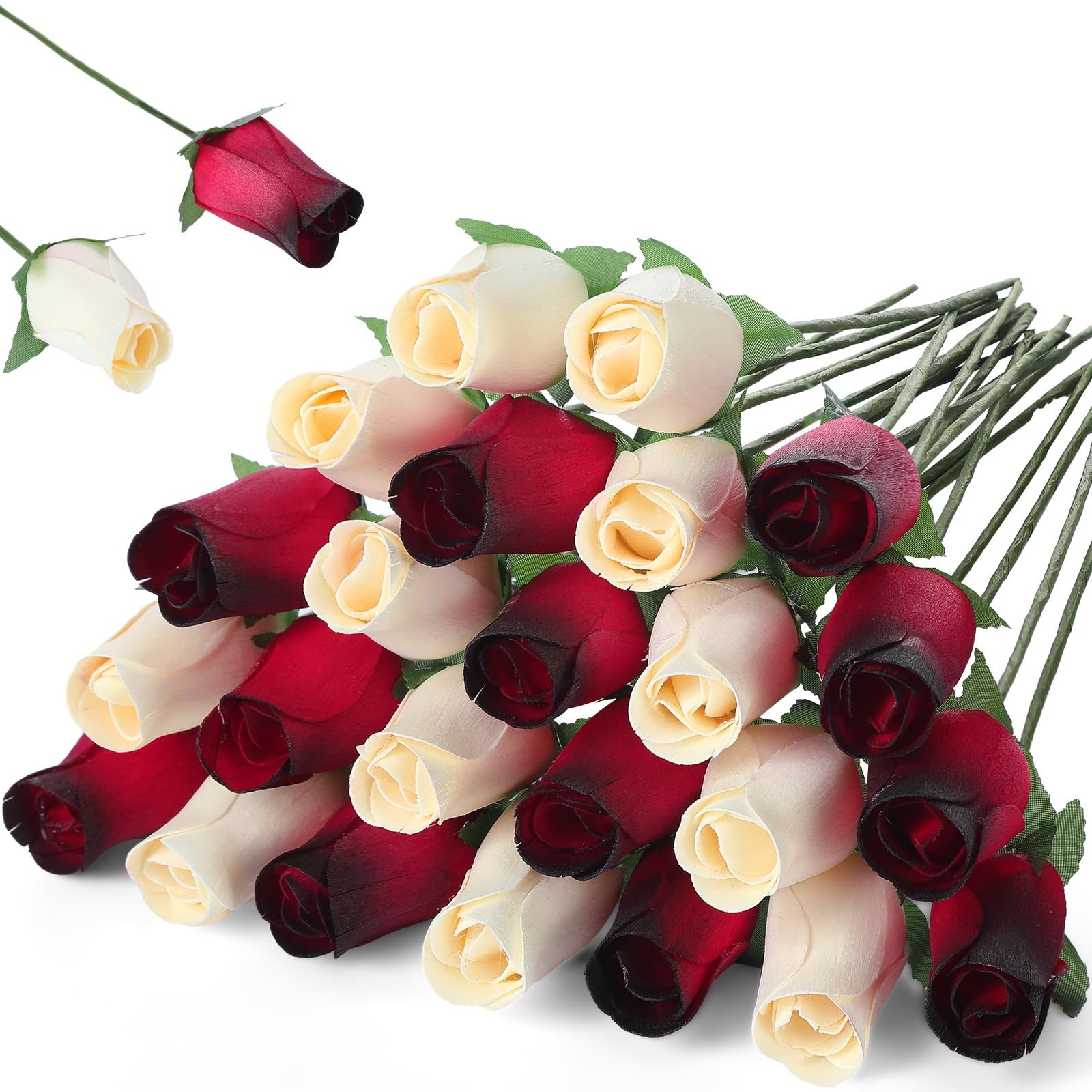 24 PCS Wooden Roses 13 Inch Realistic Wood Flower Red White Wedding Decor