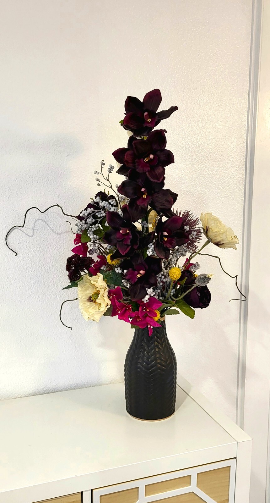 “Moody Darks” Faux Floral Arrangement with White and Dark Purple Orchids
