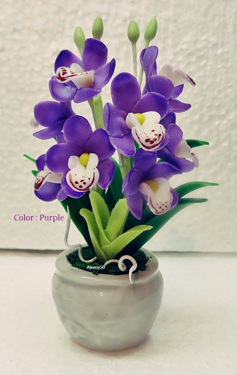 US Stock 4″H Handmade Air-Dry-Clay-Crafted Cymbidium Orchid Arranged in Pot