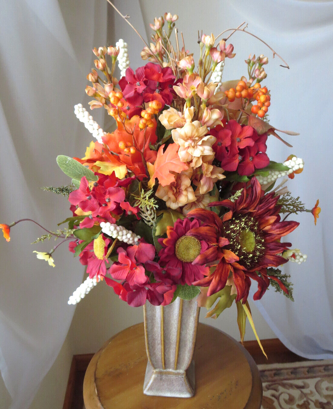 FLORAL FALL ARRANGEMENT IN VASE ARTIFICIAL SILK/PLASTIC FLOWERS 21″x13″ NEW