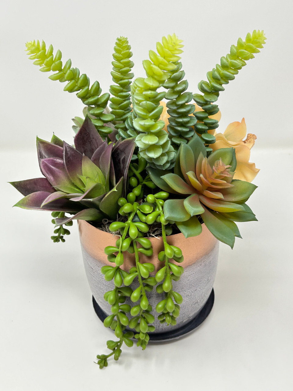 11″ Unique Artificial Succulent Garden #1 mixed arrangement, 5″ Metal Planter