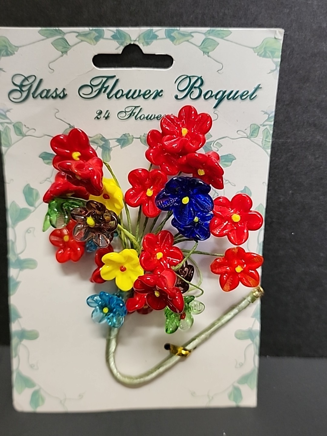 24 Mini Glass Flowers Wire Stem Bouquet Red Blue Yellow Green Purple NOS Lot 3
