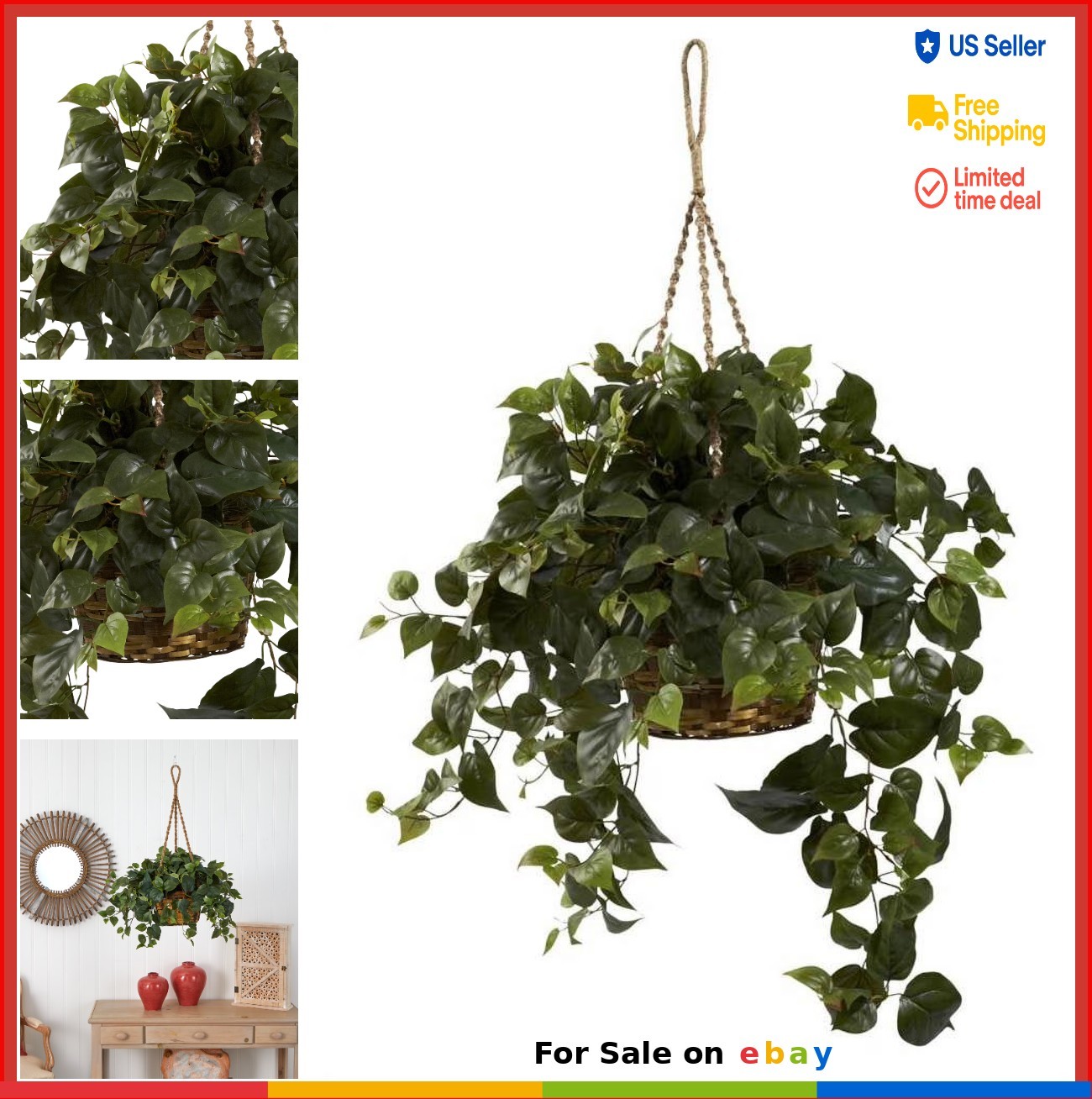 24 Inch Artificial Philodendron Plant Hanging Basket Silk Faux Greenery Indoor