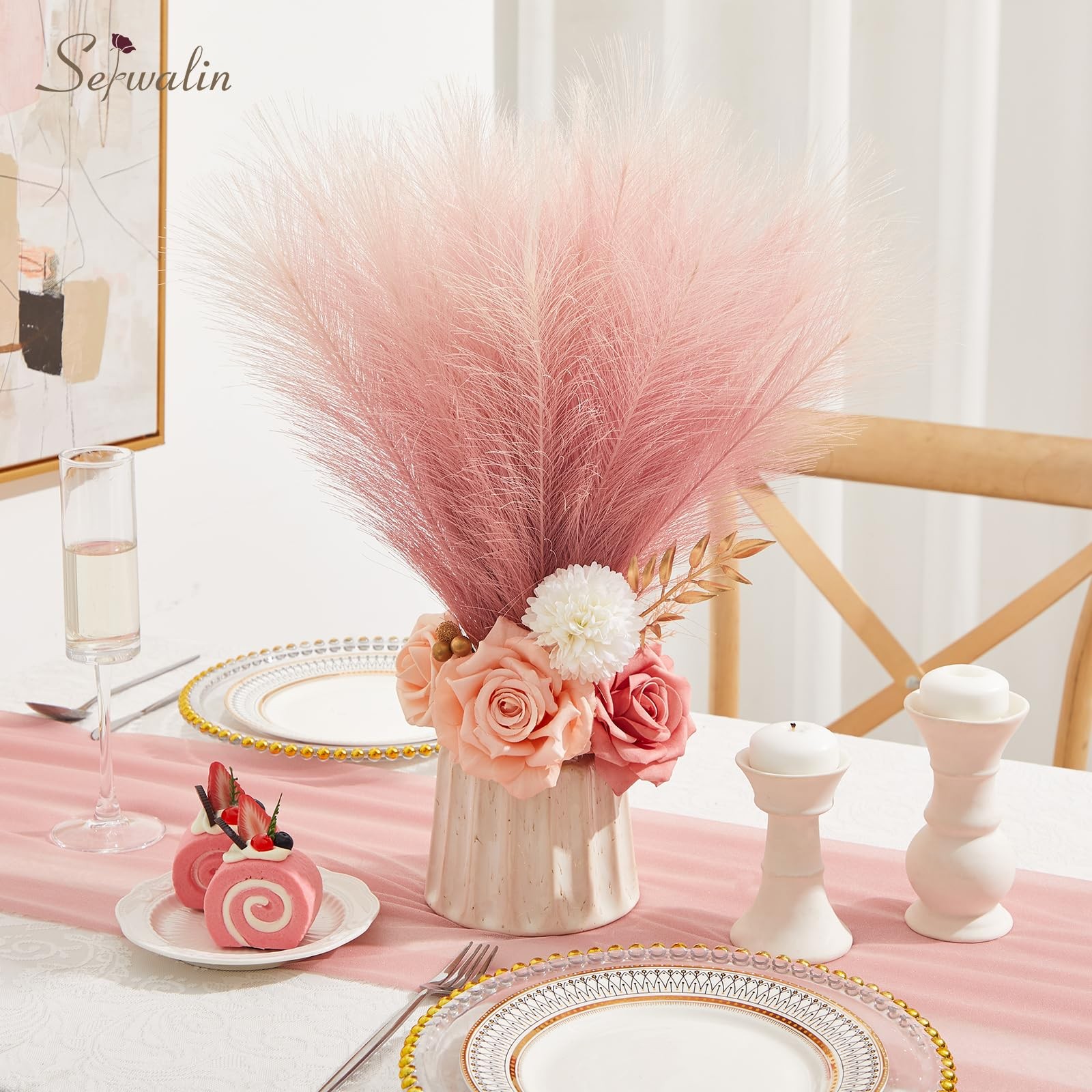6 PCS 17.7 Inch Gradient Pink Artificial Fluffy Pampas Grass Faux Decor