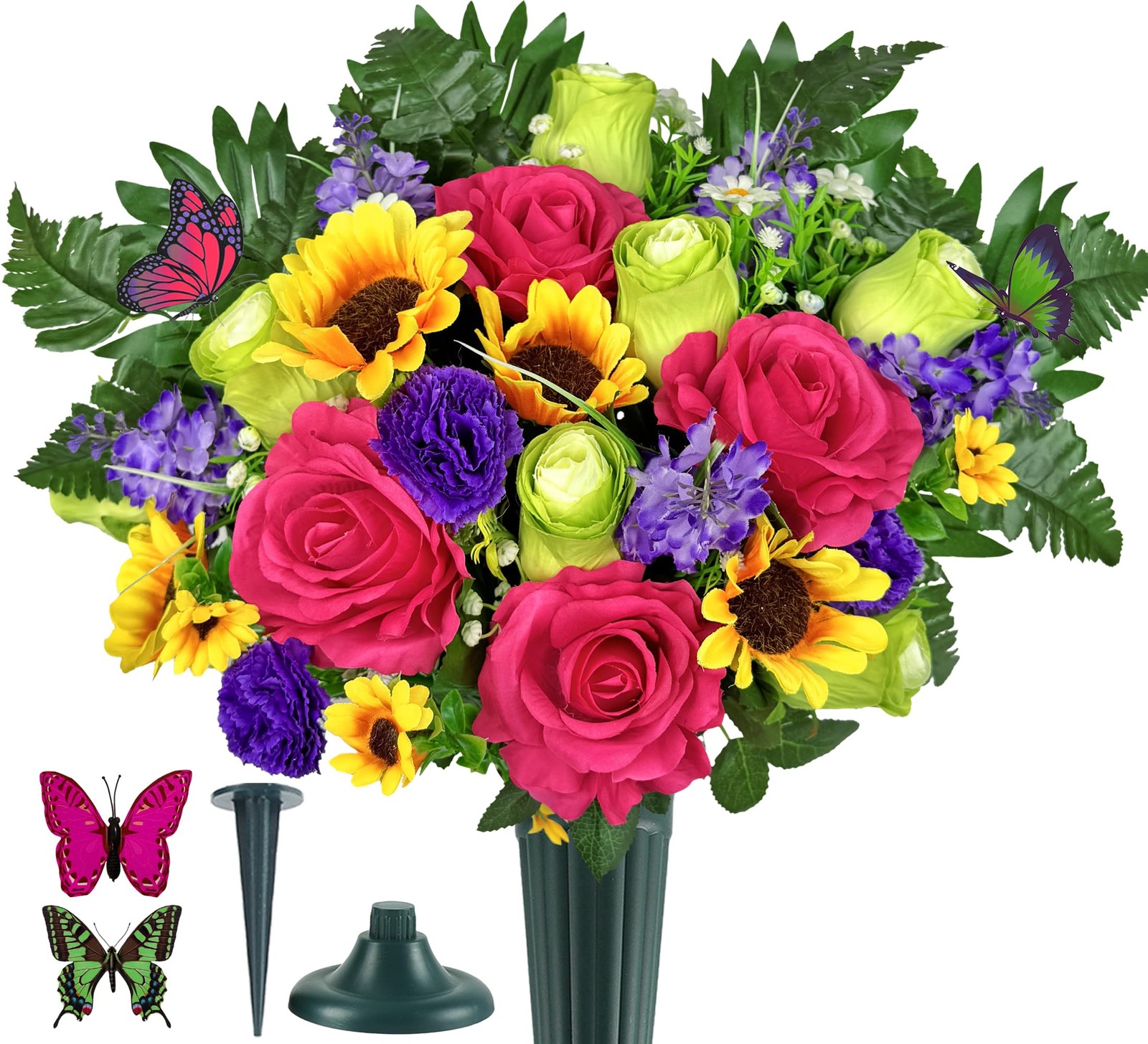 Grave Flowers Colorful Memorial Silk Bouquet With Vase Graveyard Decor 1 PCS