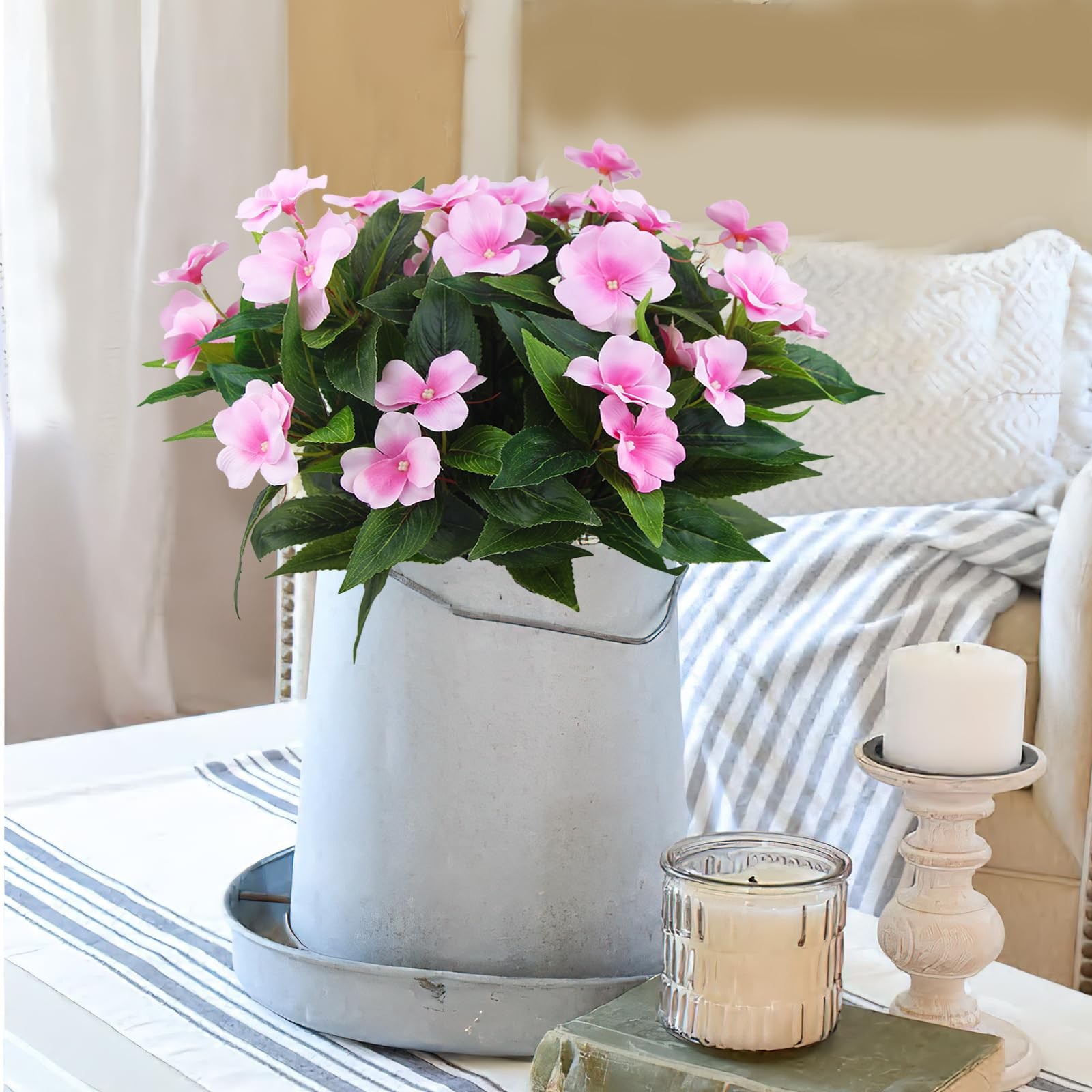 Faux Impatiens Bouquet, Pink Silk Flowers, Patio Hanging Basket Decor