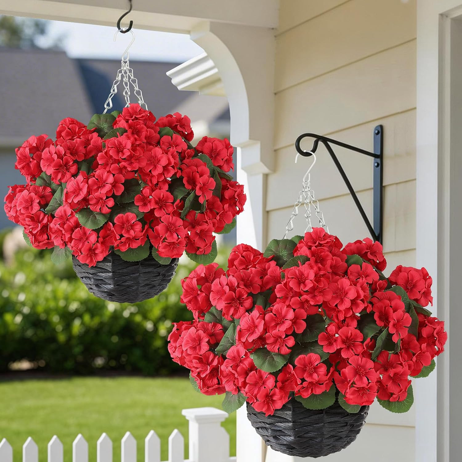 2 Set Artificial Geraniums Flowers with Hanging Baskets for Outdoors – Sun Resis