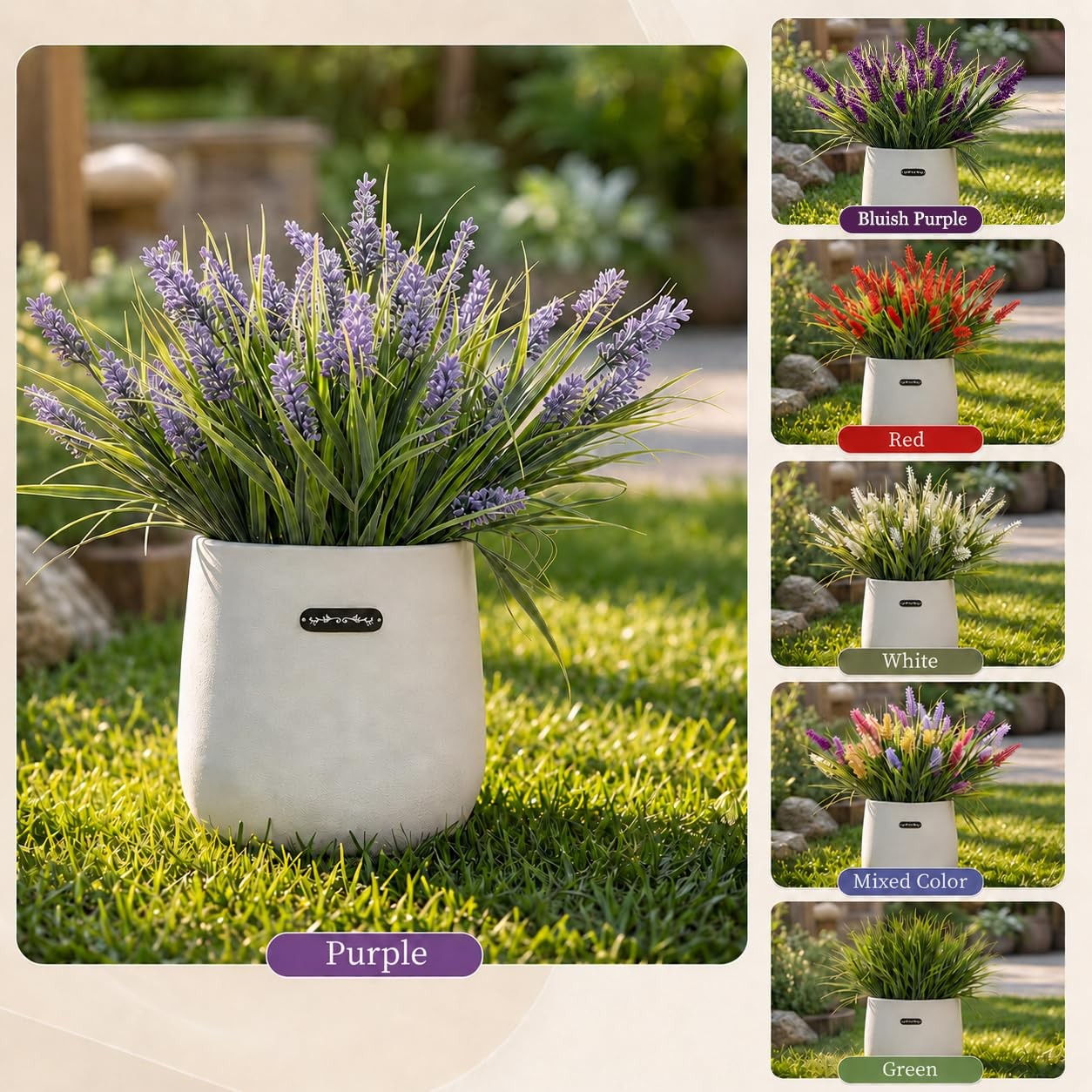 Artificial Monkey Grass with Flowers – Faux Outdoor Plants, UV Resistant Fake