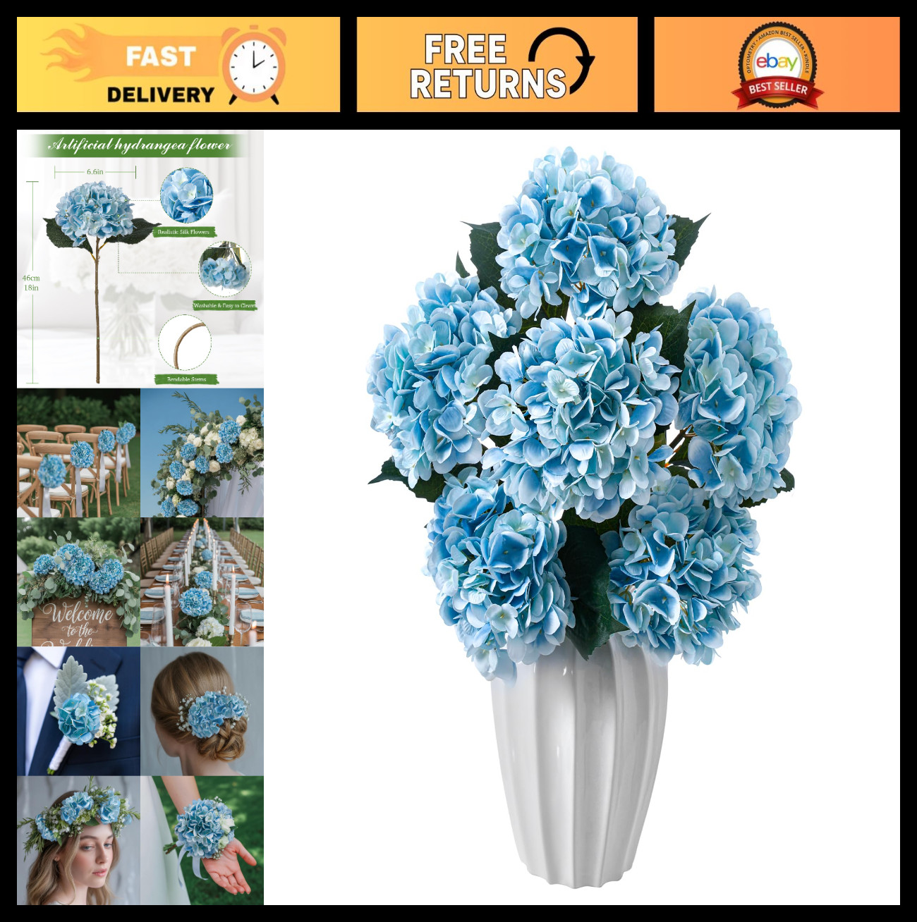 6PCS Realistic Silk Hydrangea Flowers – Premium Faux Bouquets for Home, Wedding