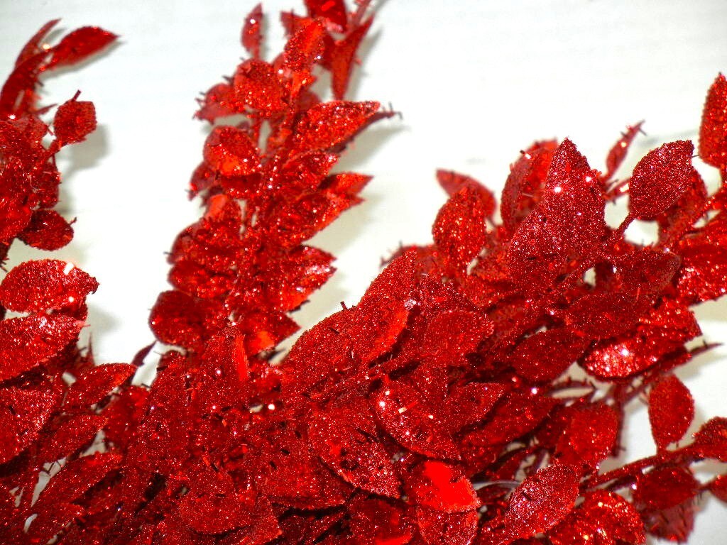 7 Artificial 17″T RED Glittered Leaves Branches Stems Crafts Centerpiece