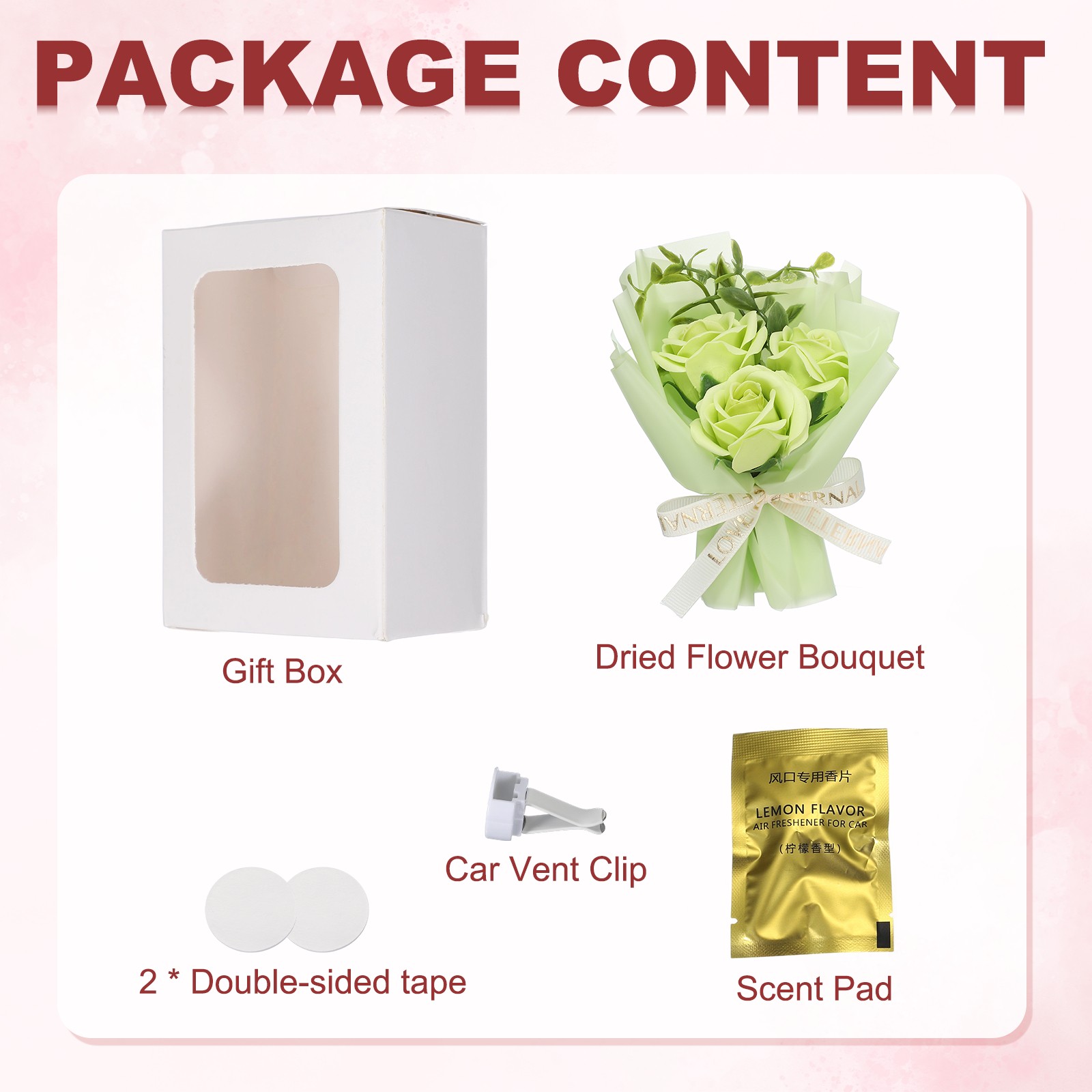 Light Green Rose Dried Flower Bouquet, Car Vent Clip Scent Diffuser, Style 5