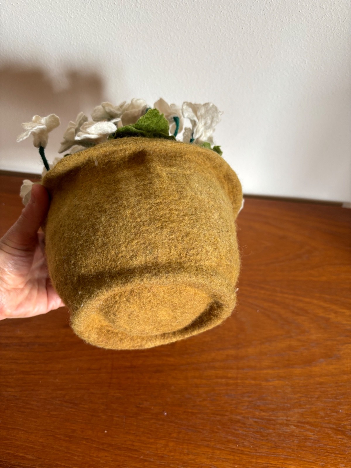 Handmade Hand Felted White Wool Flowers in a Pot for Decoration
