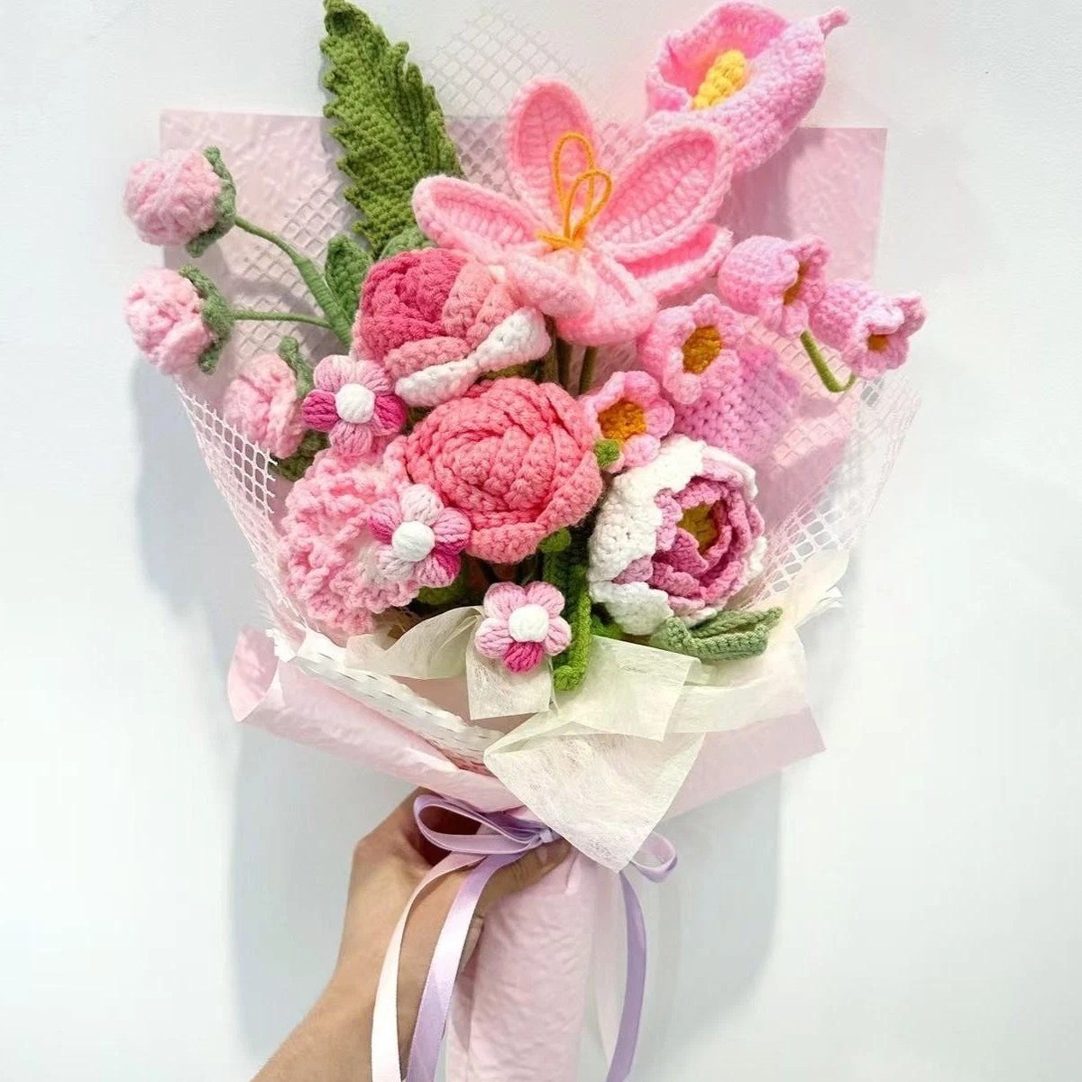 Large Pink Crochet Rose Bouquet Anniversary Wedding Gift for Her