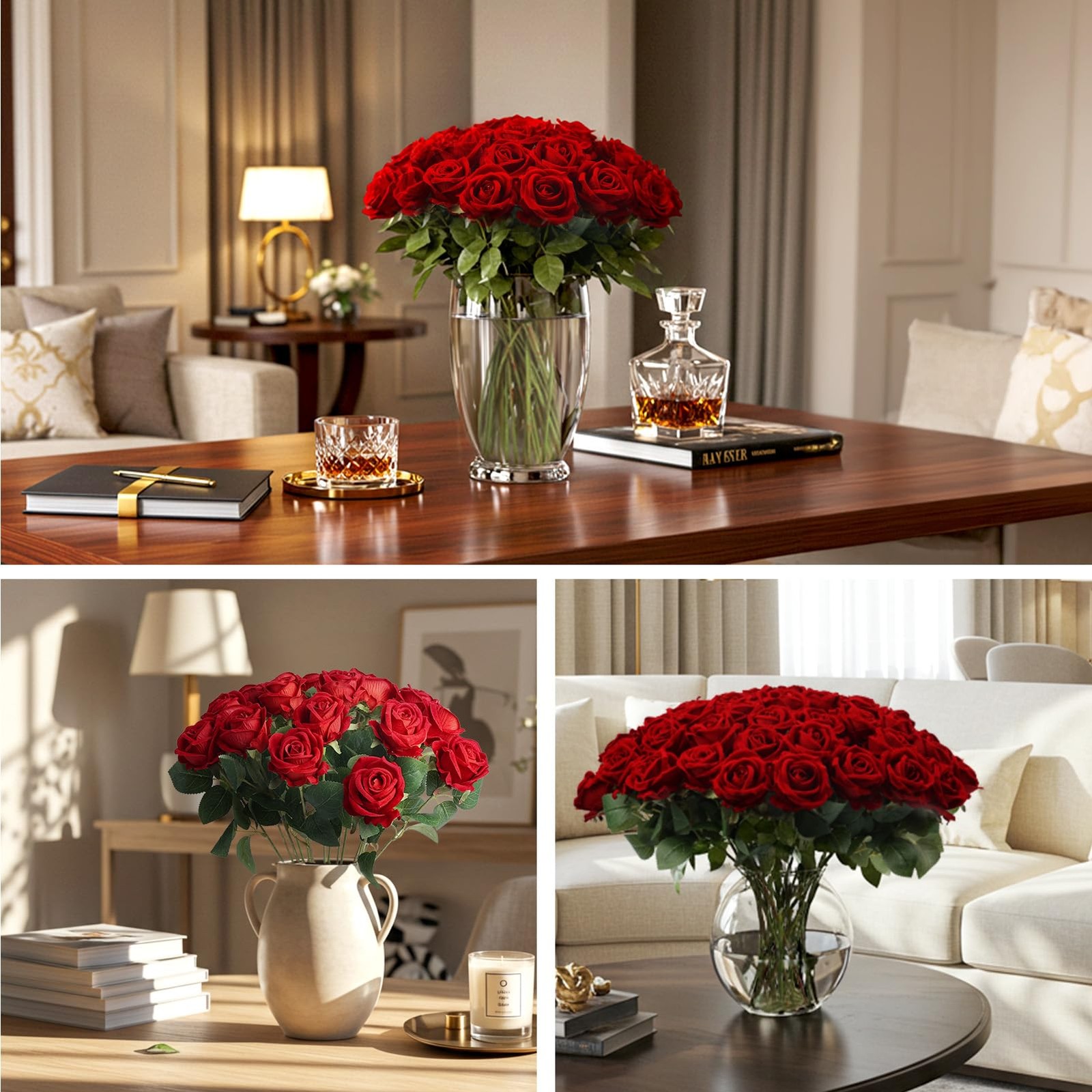 60 PCS Red Roses Artificial Flowers Velvet Silk Faux Roses Wedding Centerpiece