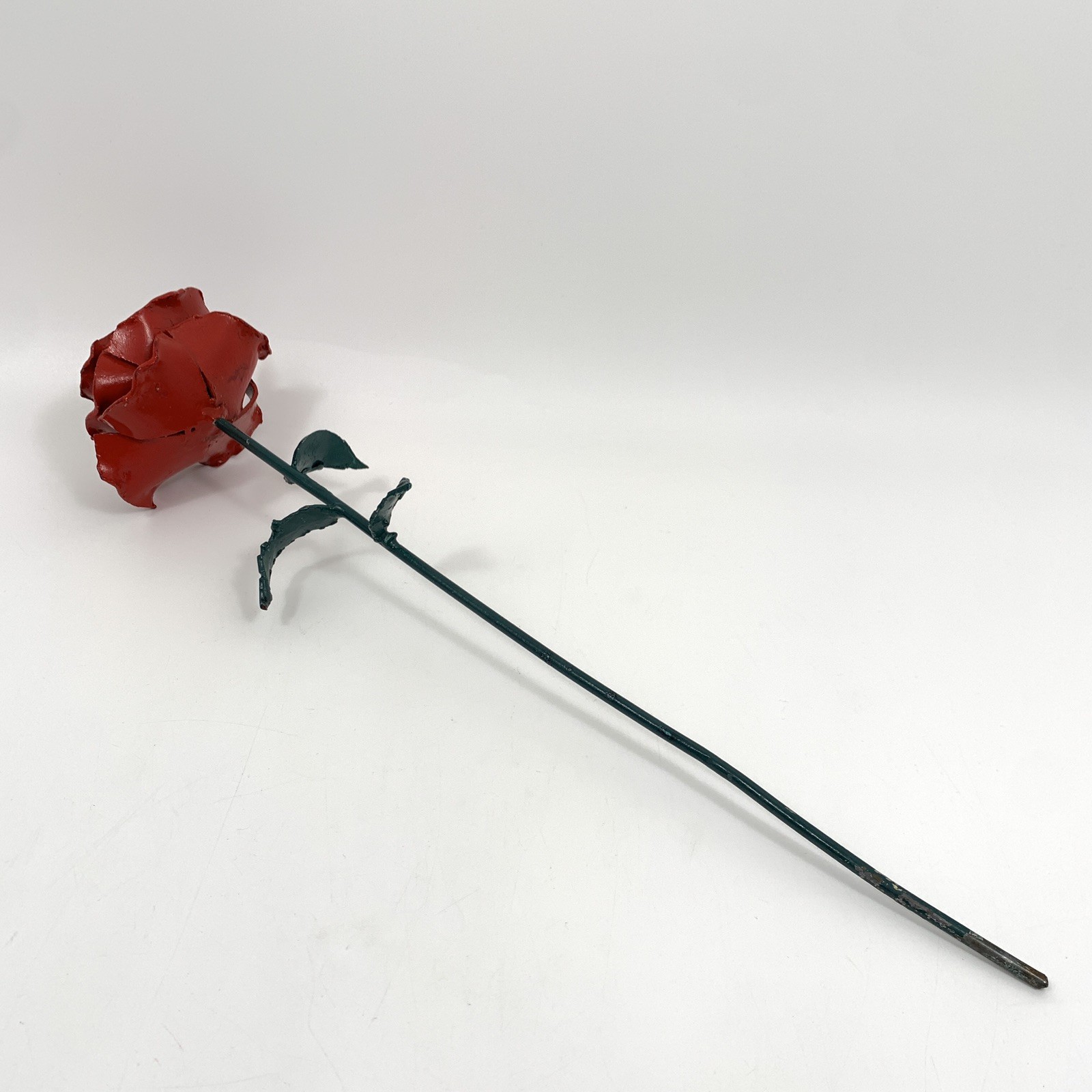 Metal Rose Red & Green Leaves with 13″ Long Stem Hand Forged Wrought Iron Heavy