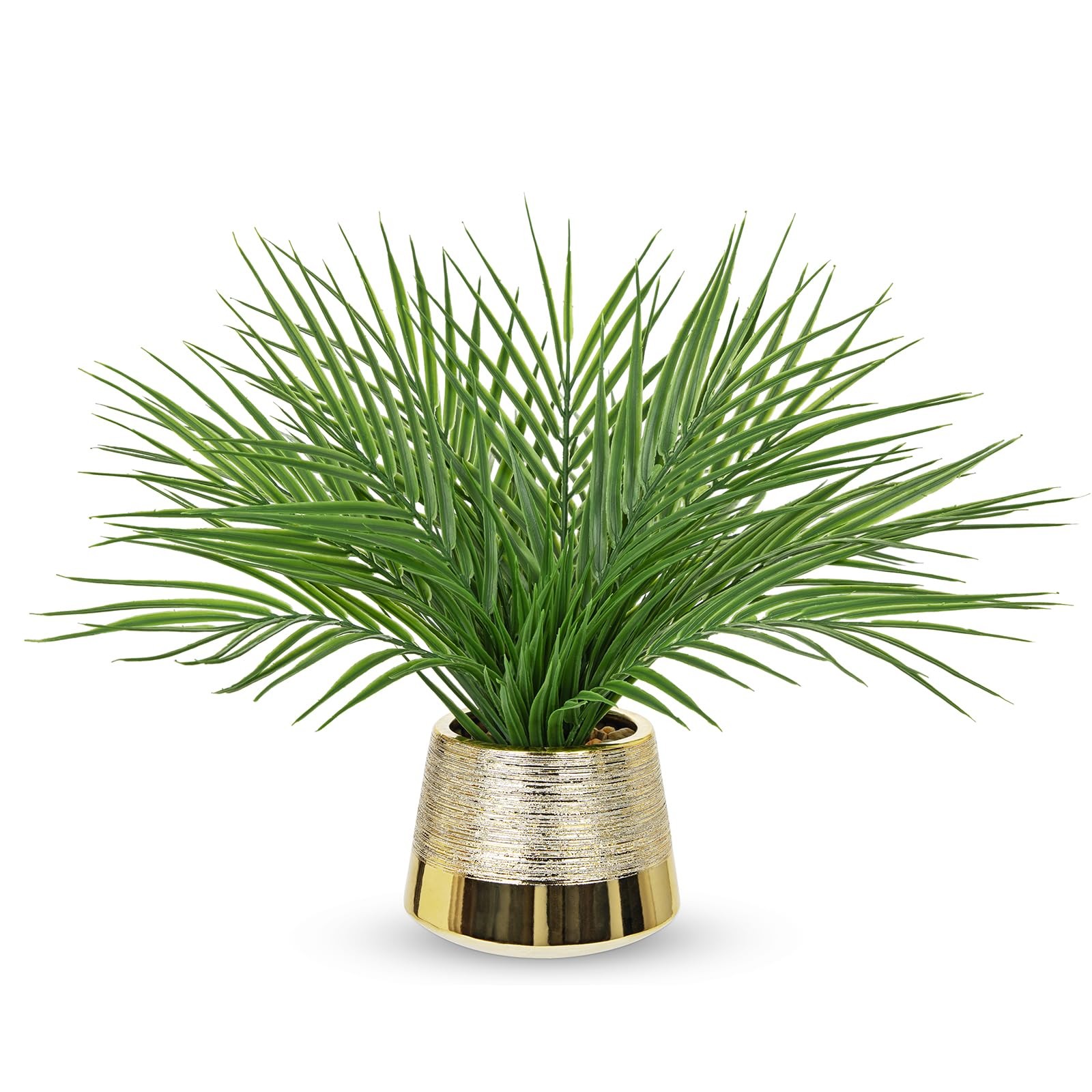 Fake Plants Artificial Palm Leaf Plant in Gold Planter – 15’’ Tall Faux Tropi…