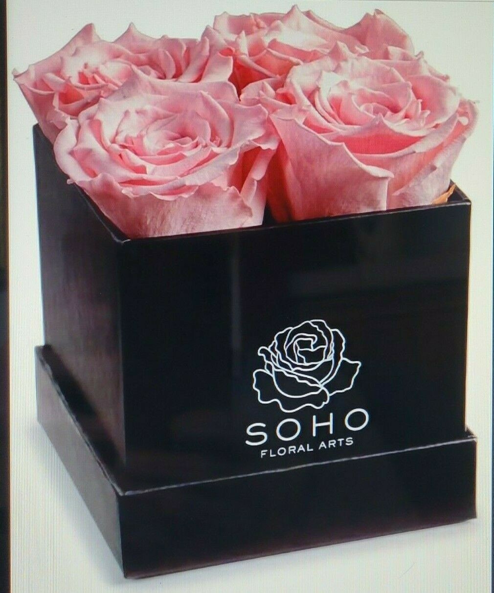 Soho Floral Arts 4 Real Long Lasting Pink Roses In A Black Box w/ Lid (NEW)