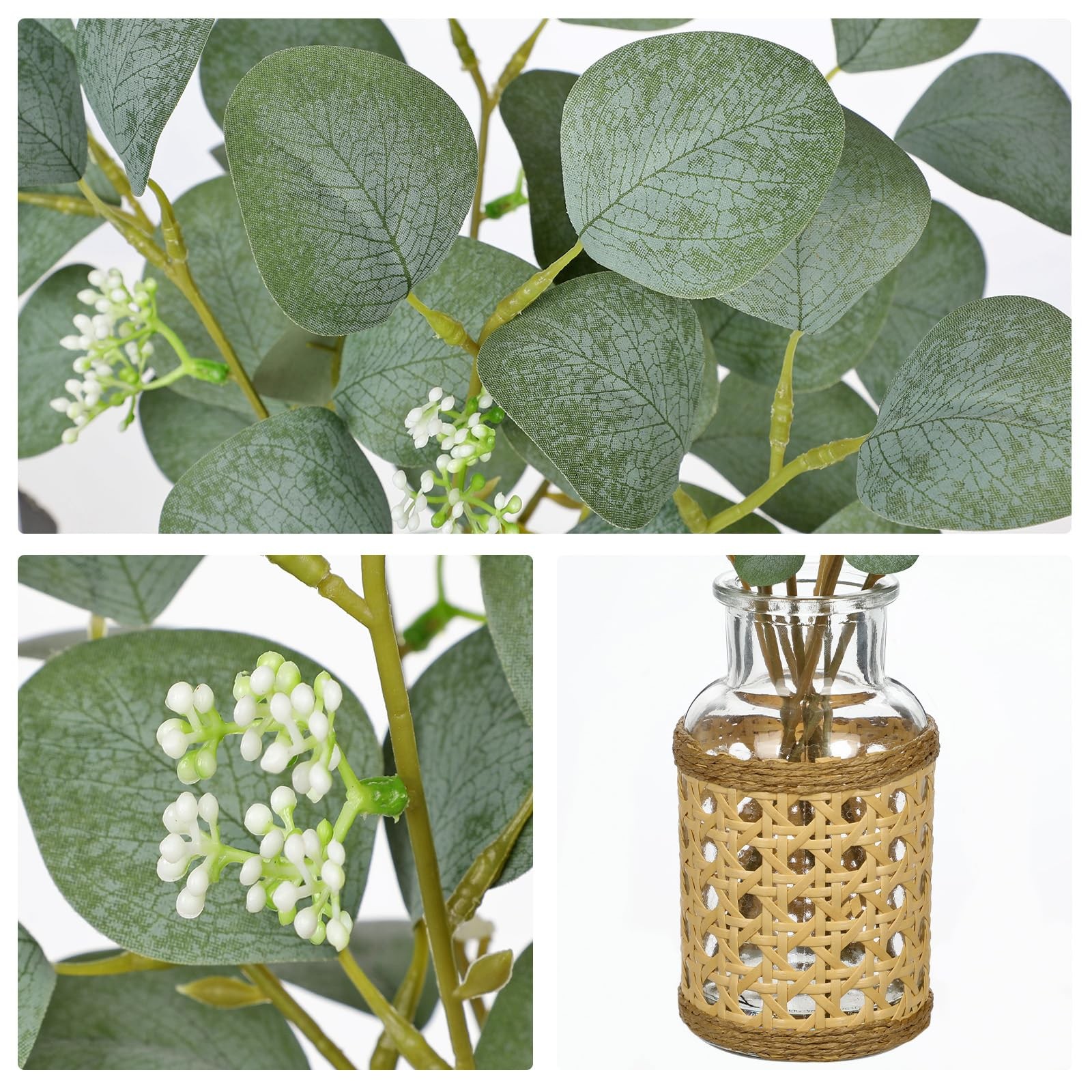 Artificial Eucalyptus Stems in Woven Glass Vase with Faux Water, 11.8″ Fake P…