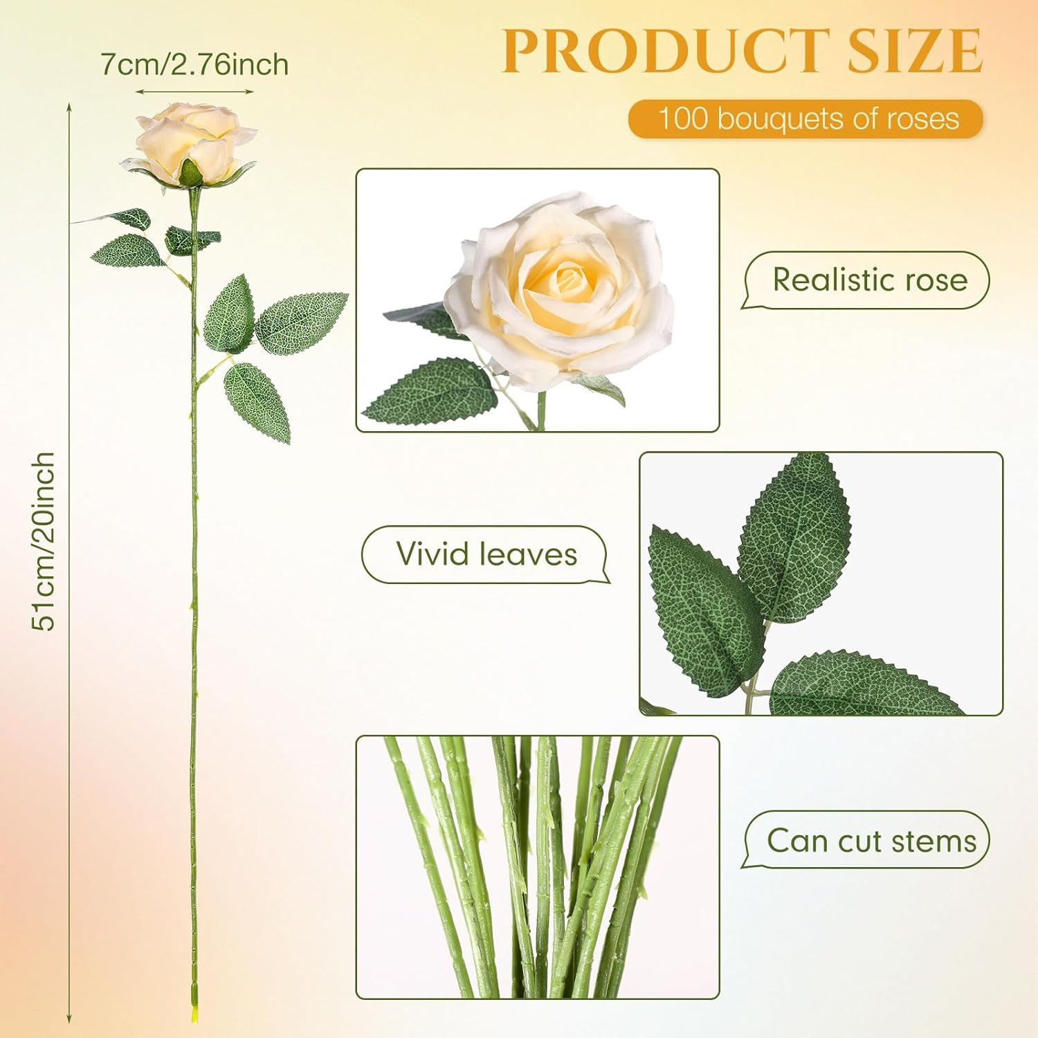 100 Champagne Silk Roses – Realistic Long Stem Flowers for Weddings & Decor