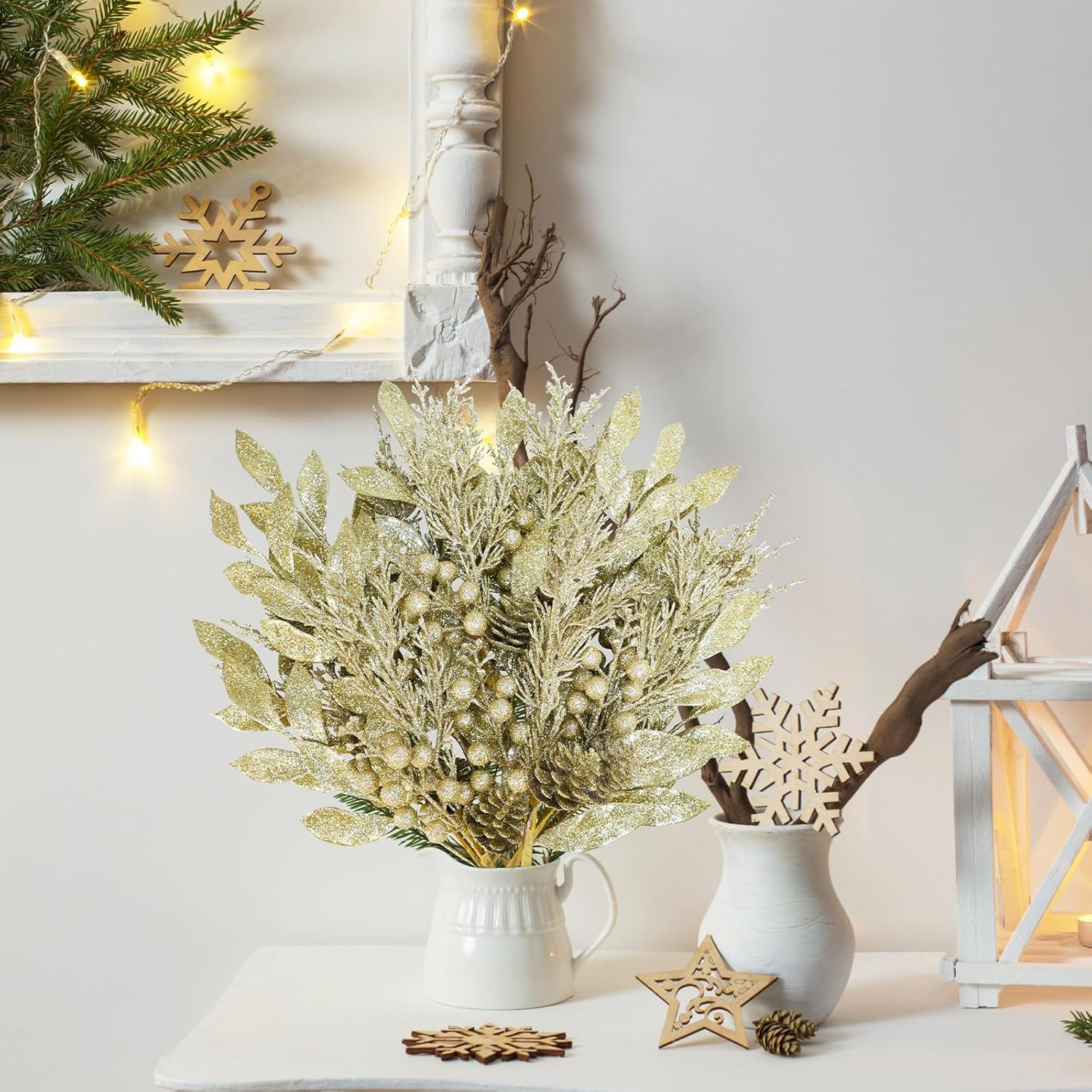 24 Pcs Champagne Glitter Leaf Picks, Pine Needles Pinecone Berry Tree Sprays Set