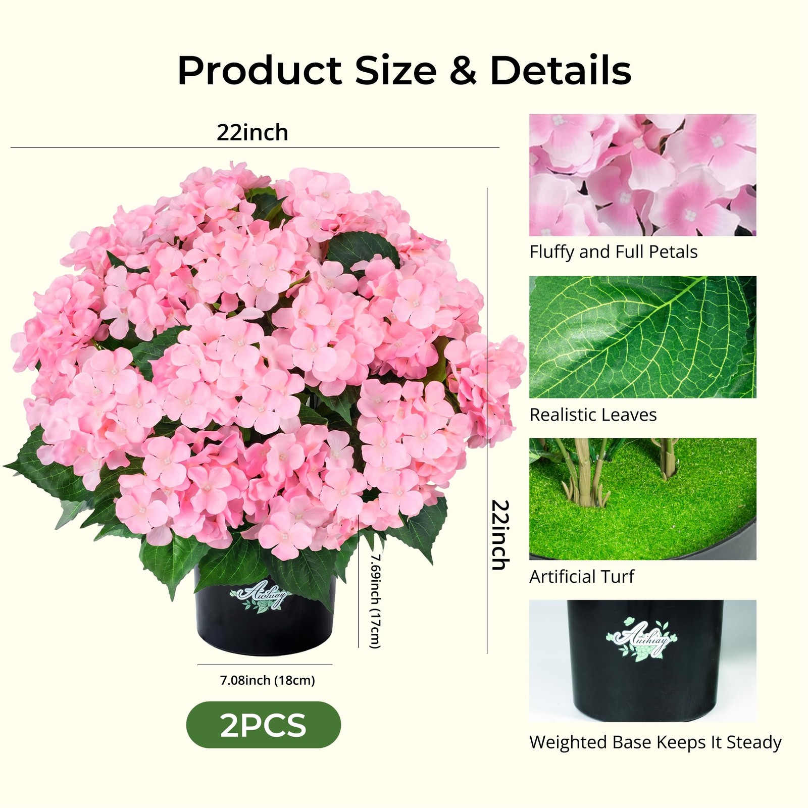 2 Potted Pink Hydrangea Artificial Flowers, Faux Hydrangea Outdoor