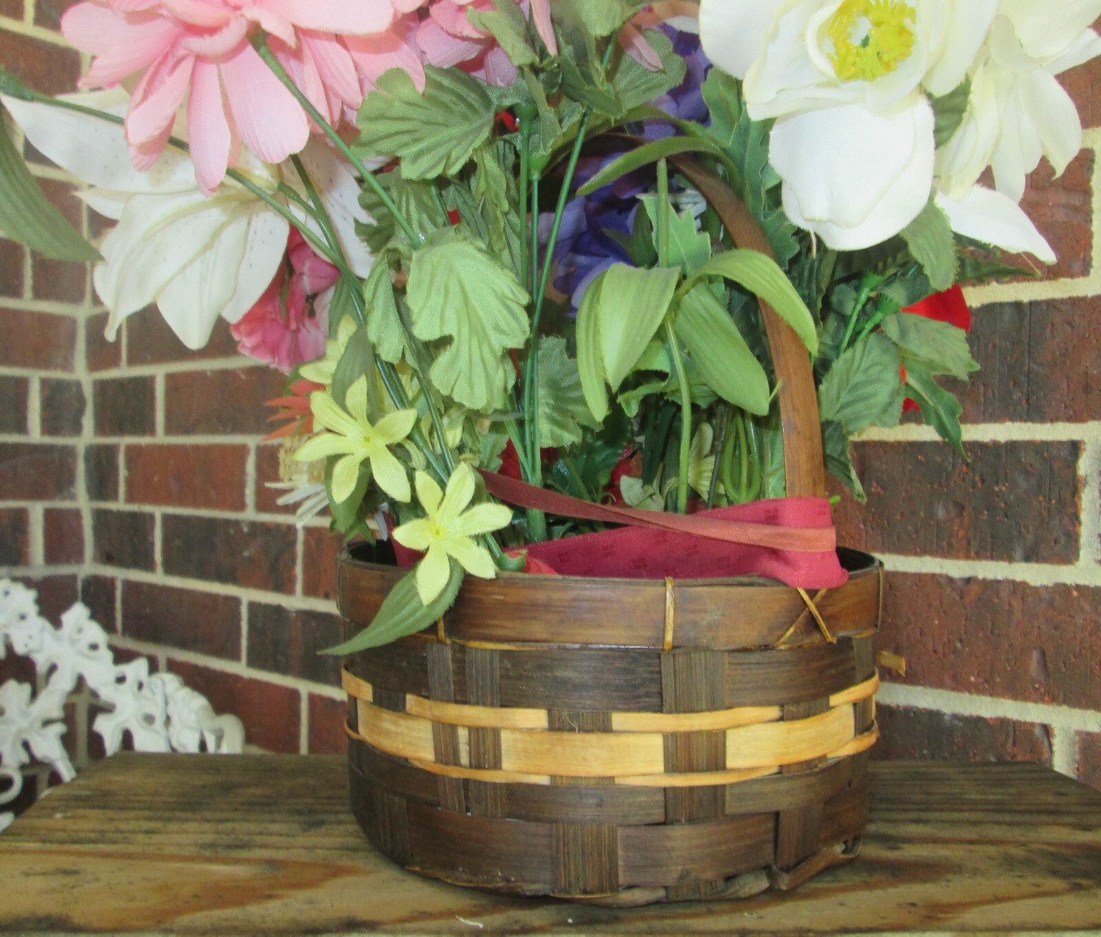 Artificial Planter Woven Basket with Handle Pink & Red Flowers Faux Indoor Plant