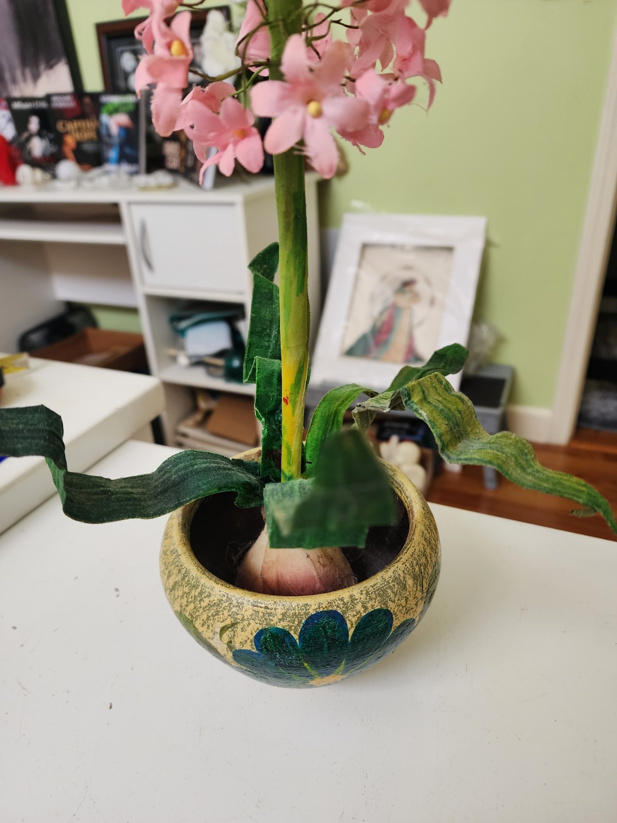 Vintage Artificial Pink Hyacinth Floral Arrangement Primitive Pottery Decor