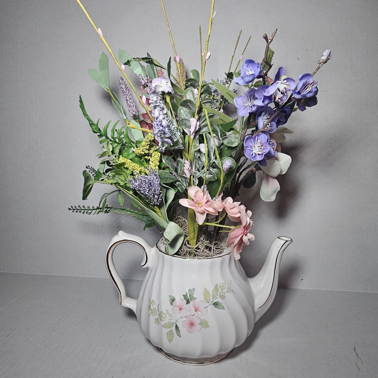 Handmade Artificial Floral Arrangement In Pink Floral Teapot Gold Accent