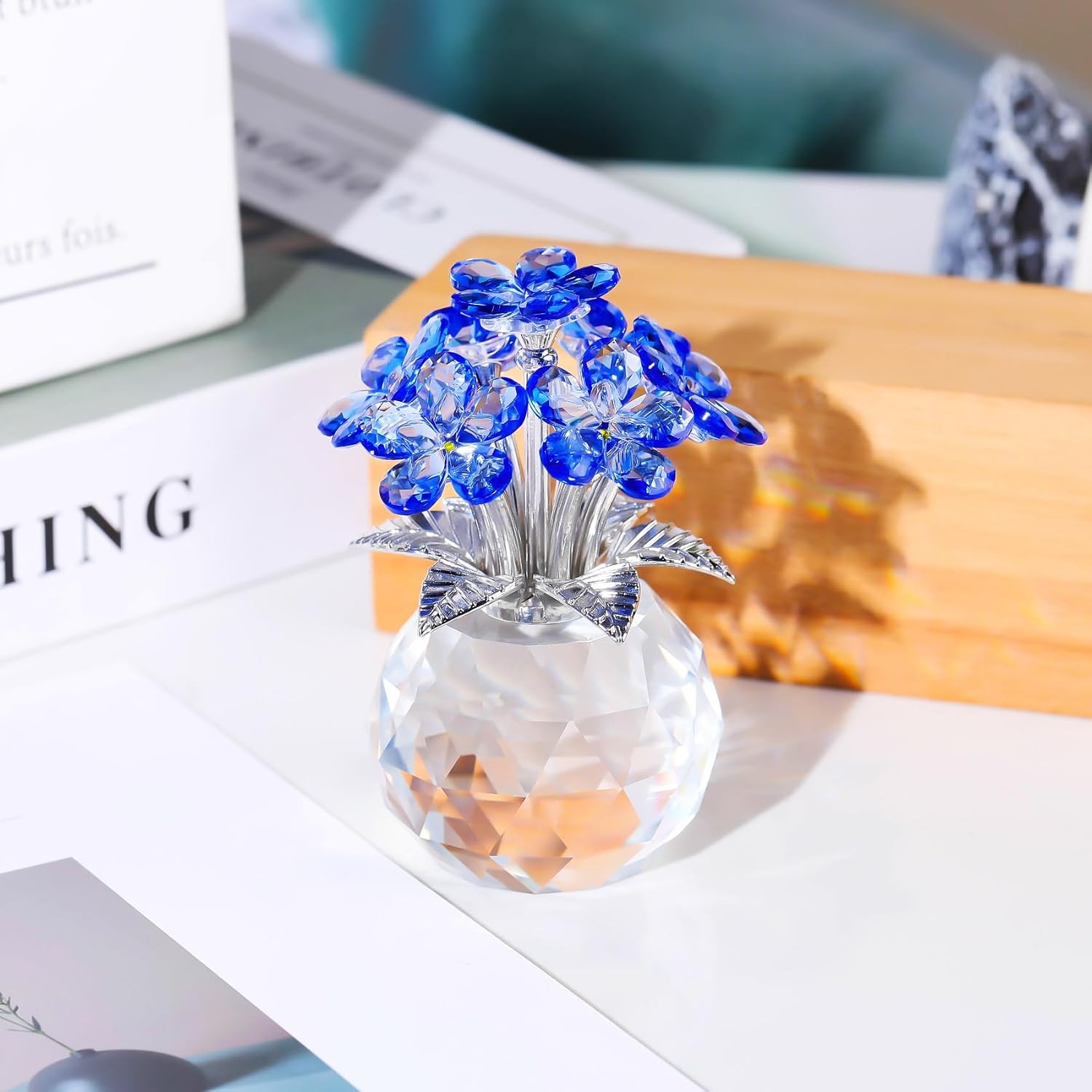Blue Crystal Forget Me Not Handmade Glass Flower Bouquet Gift Centerpiece