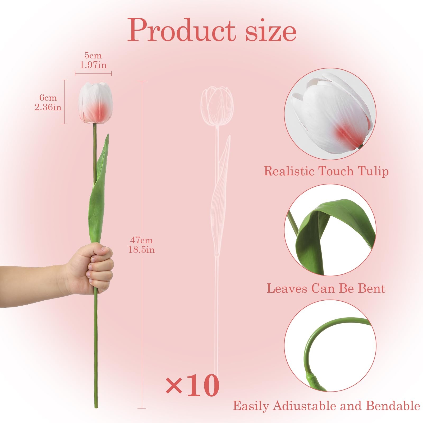 Blush Pink PU Artificial Tulips Fake Flowers Wedding Bouquet 18.5 Inch