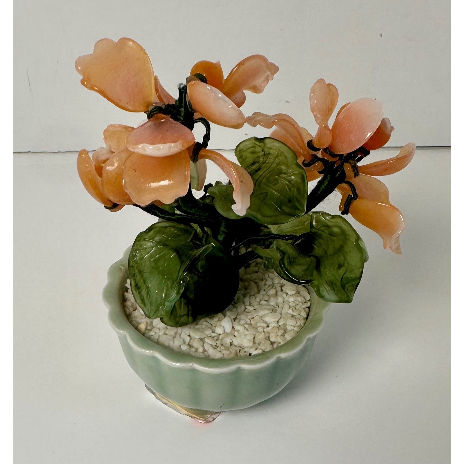 Vintage Peking Glass Bonsai Tree Orange Flowers Green Leaves Celadon Pot Decor