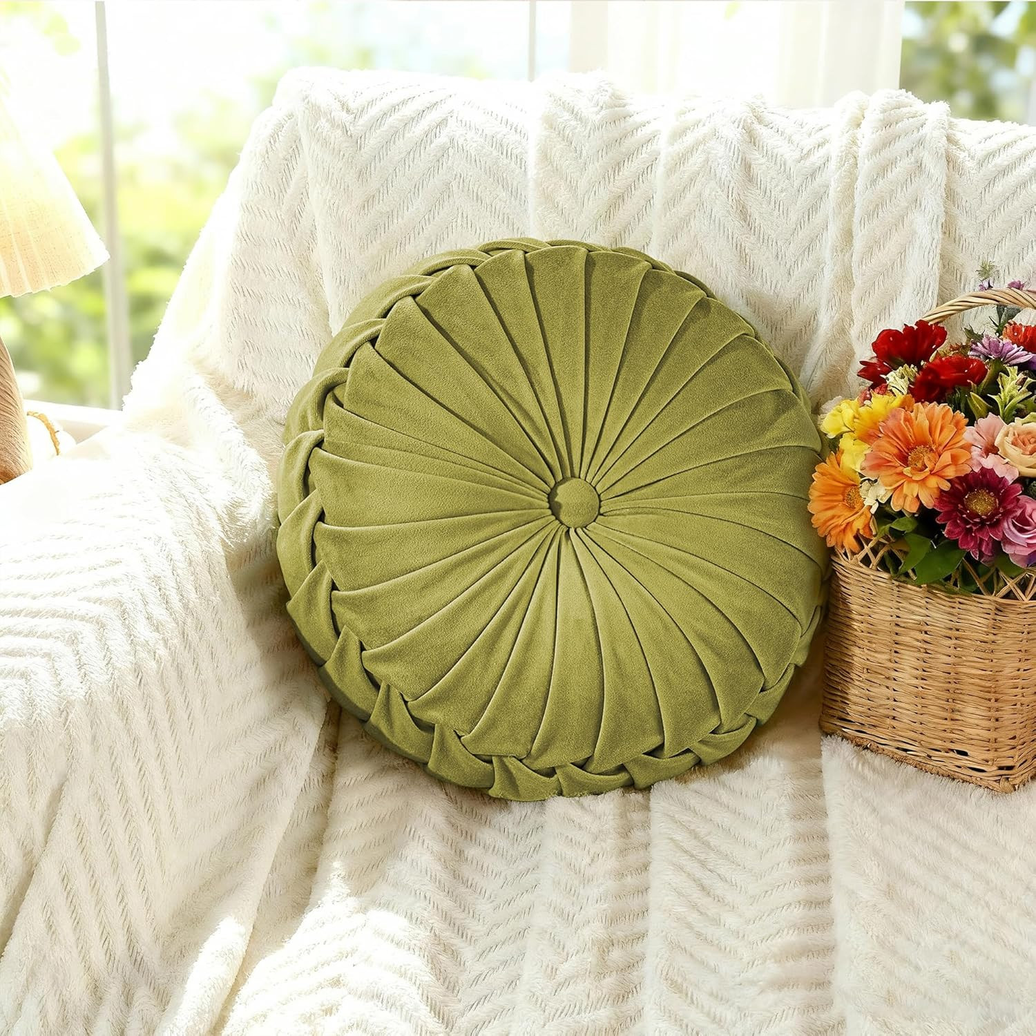 ROSE&RISY round Pleated Velvet Throw Pillow, 1 Pack Decorative Accent Pumpkin Pi