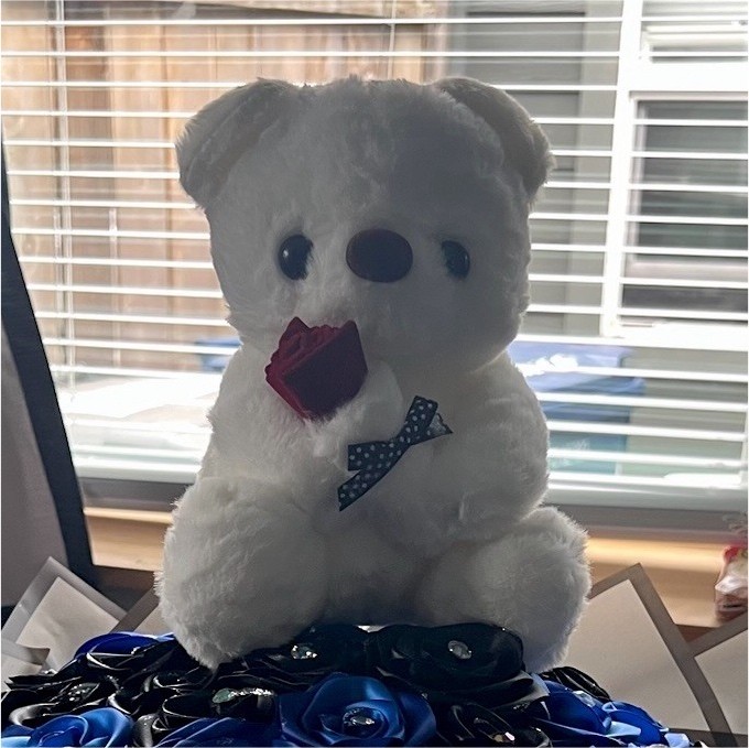 Artificial Blue and Black Rose Flower Bouquet with Plush Teddy Bear Arrangement