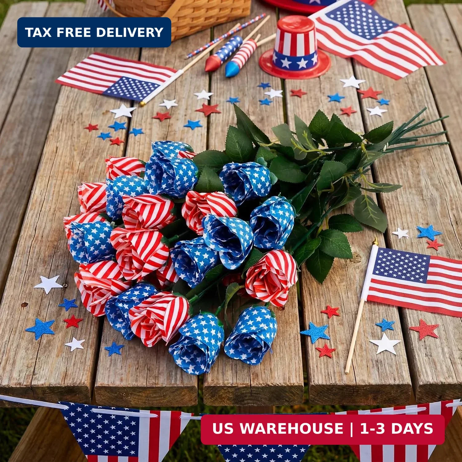 24 Pcs Patriotic Artificial Flowers 17” Red White and Blue 4th of July Flower S