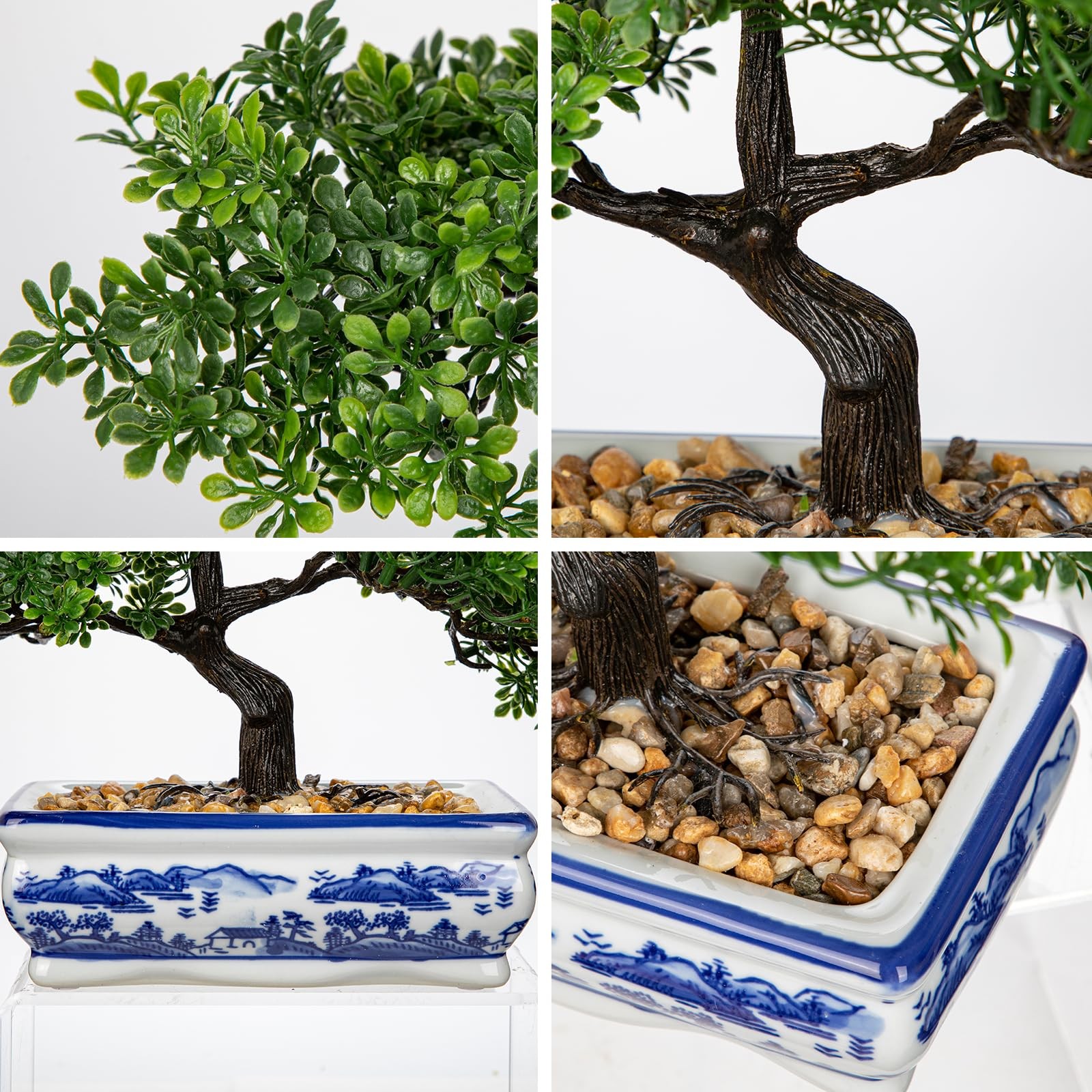 Artificial Bonsai Tree Blue White Porcelain Pot Fake Pine Oriental Zen