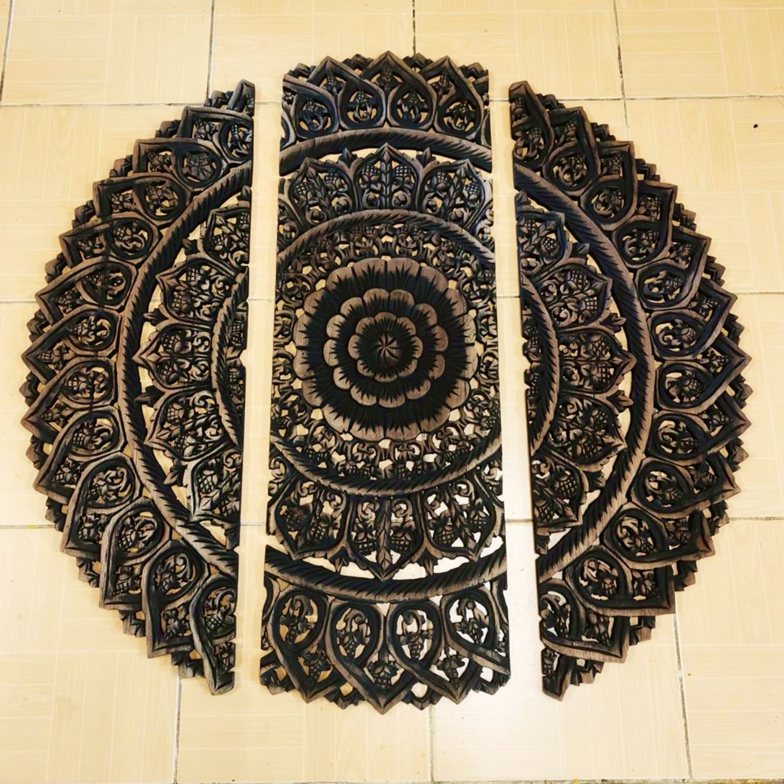 Round Floral Mandala Wood Carving Panel Black 90 cm, 3-Piece Set #B